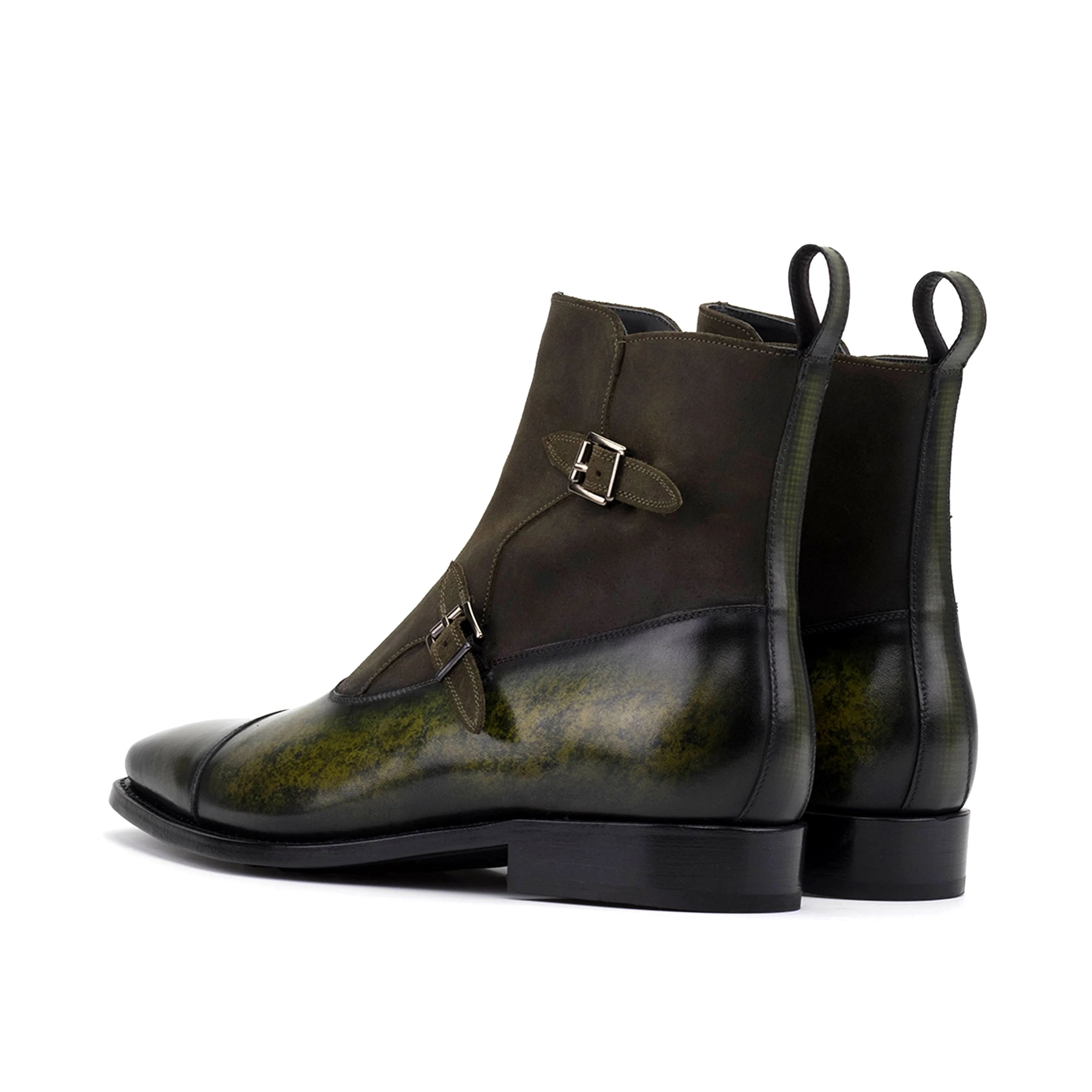 Smyrna Octavian Patina Boots II in dark olive green glossy leather with buckles