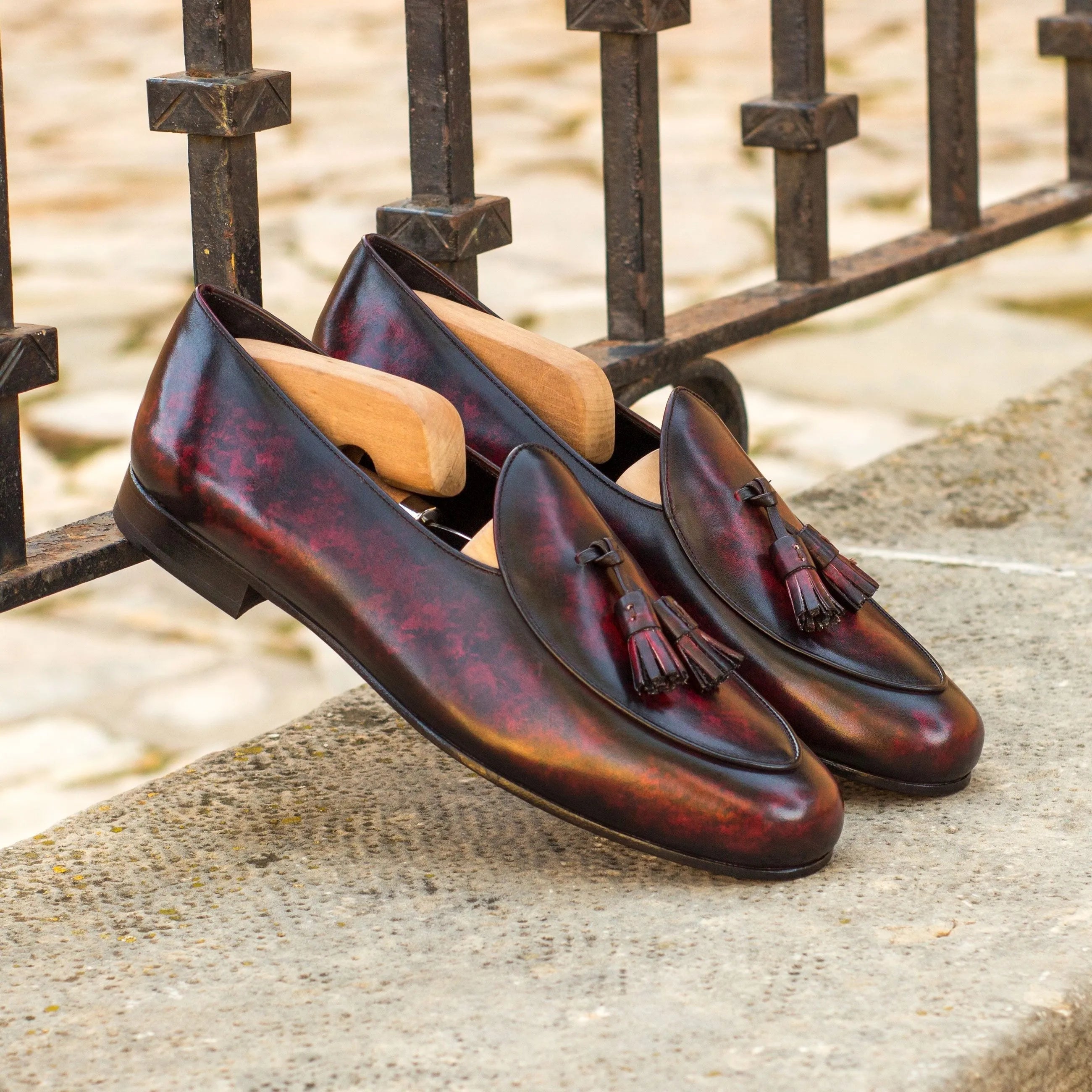 Burgundy leather tassel loafers on SoLo Belgian Slipper back view