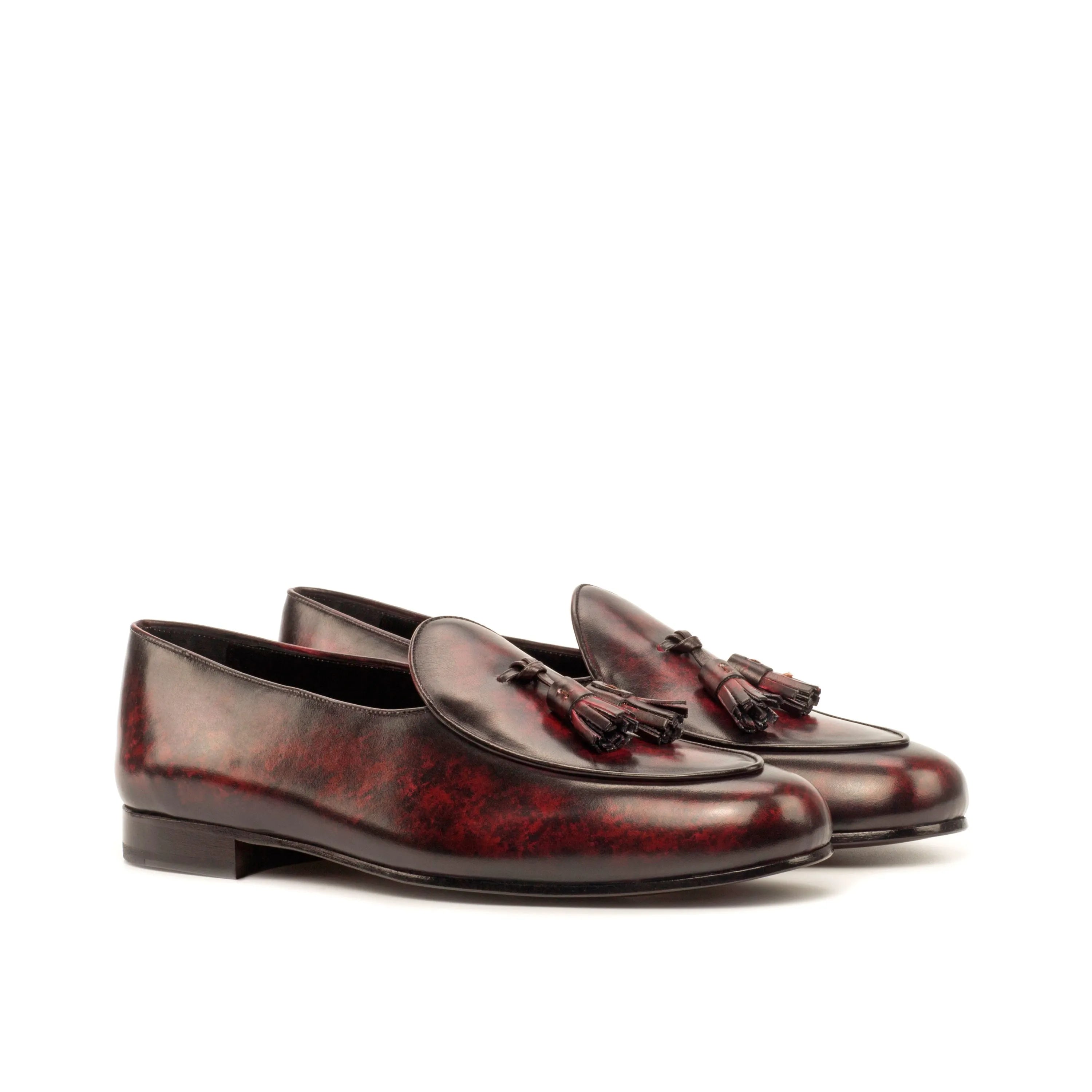 Burgundy leather tassel loafers on SoLo Belgian Slipper