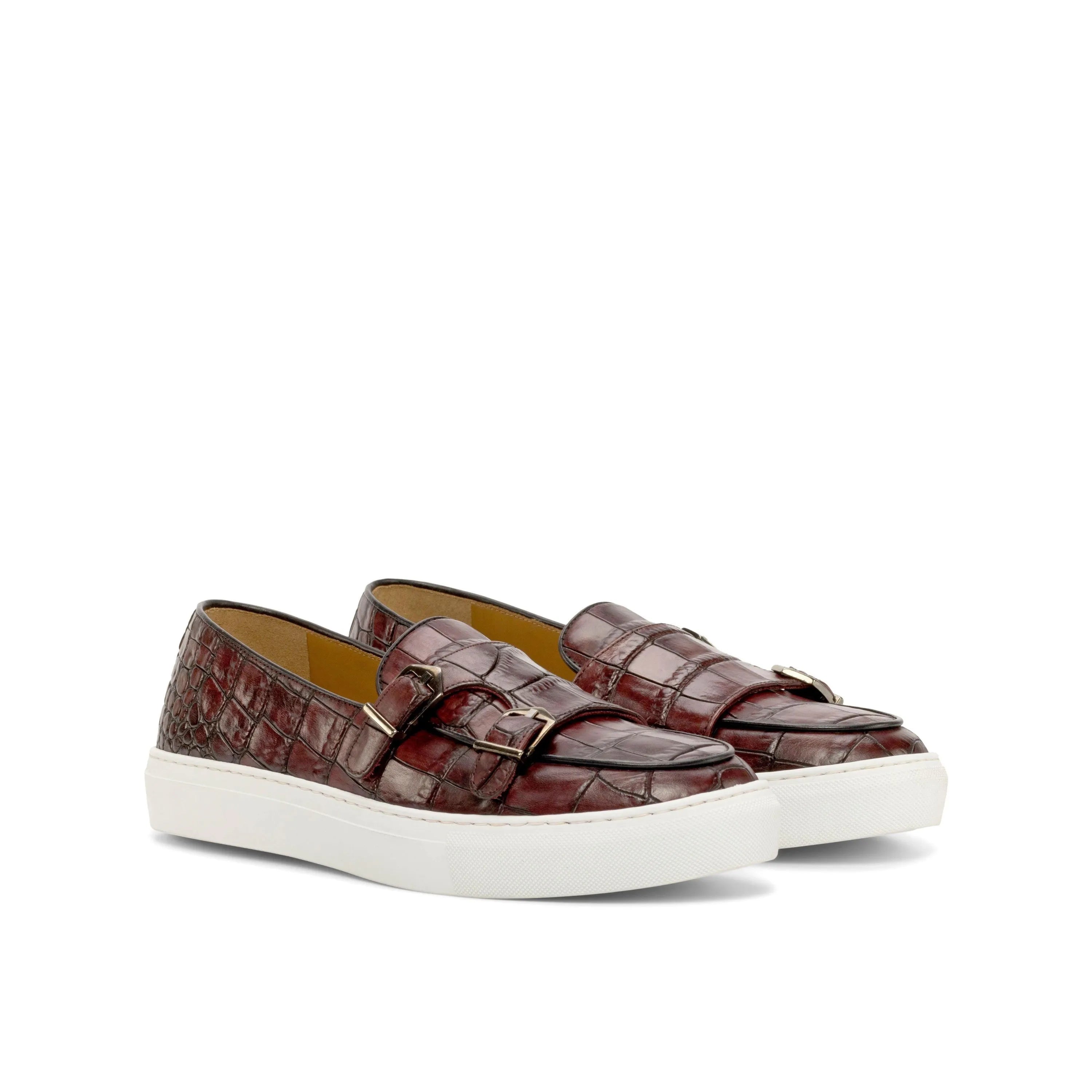 Burgundy crocodile Sos monk sneaker II loafers with white soles