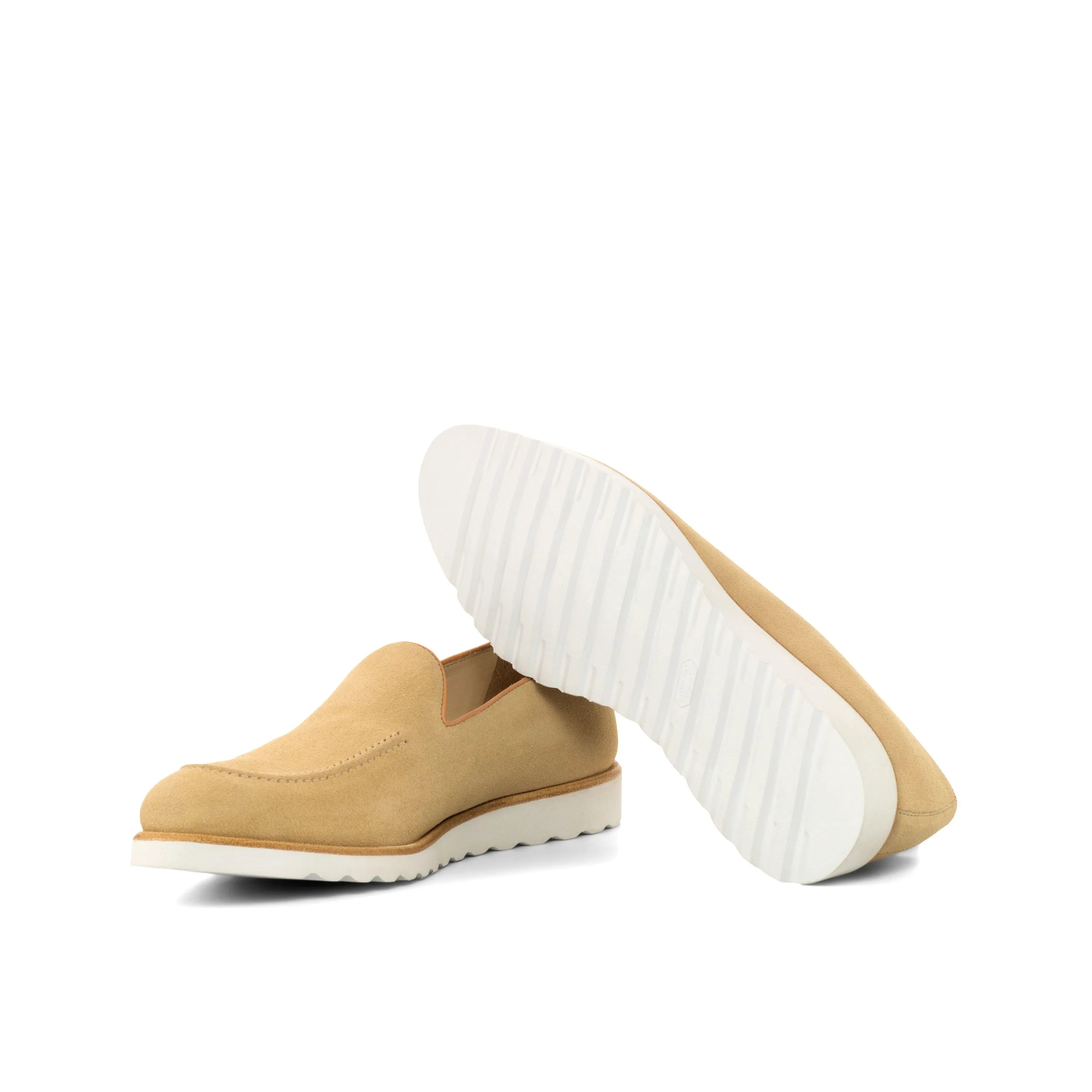 Sundays loafers: tan suede with white soles, luxury bespoke shoes for men