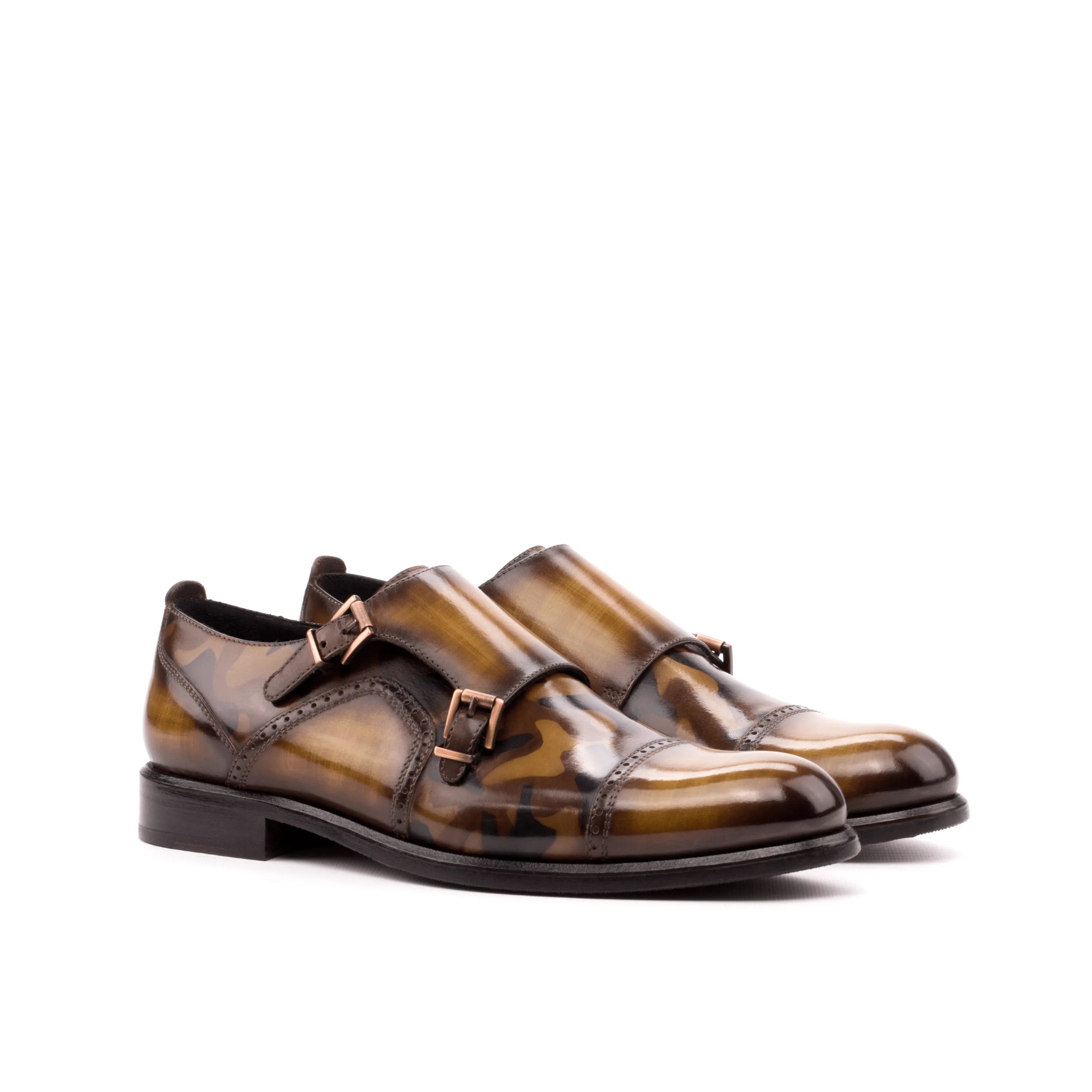Talia women double monk brown leather strap shoes