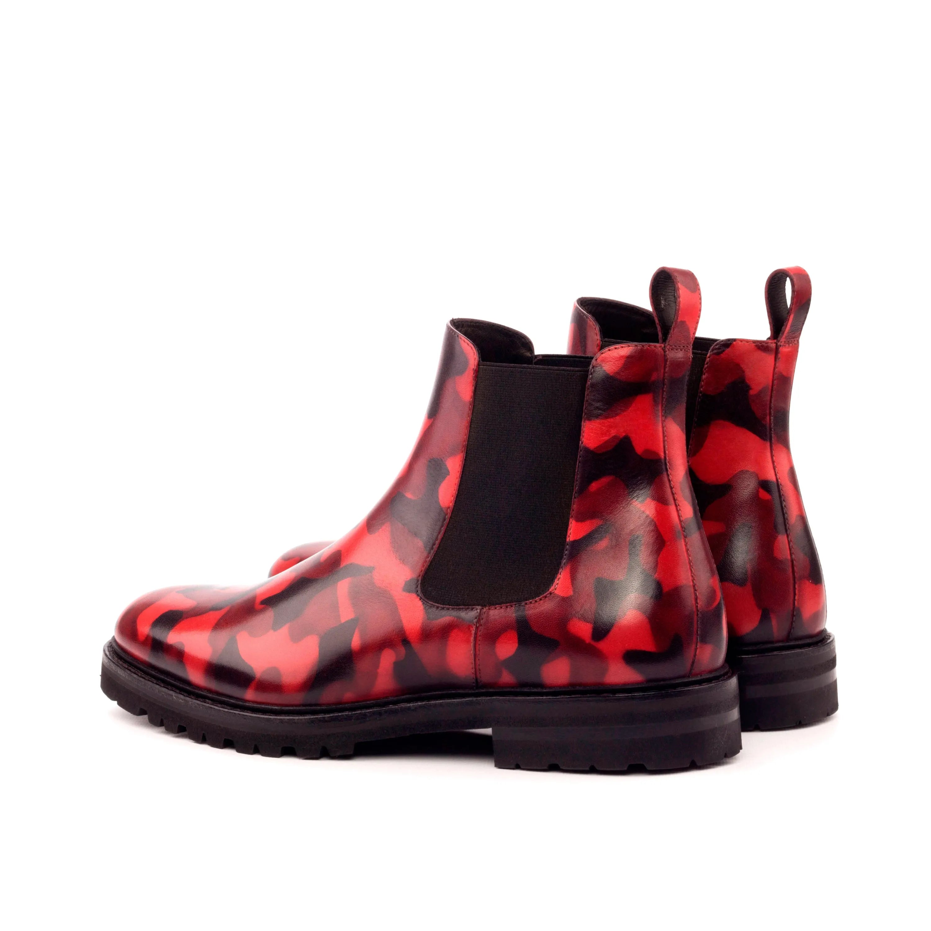 Red Theodora Chelsea boots in camouflage pattern