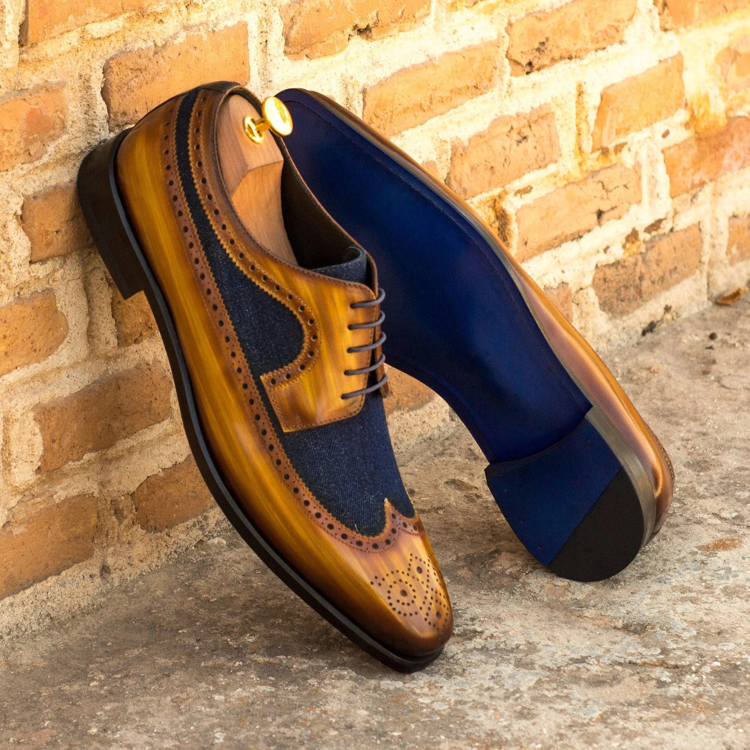 Trevor Longwing Blucher II brown and blue leather crust patina shoes