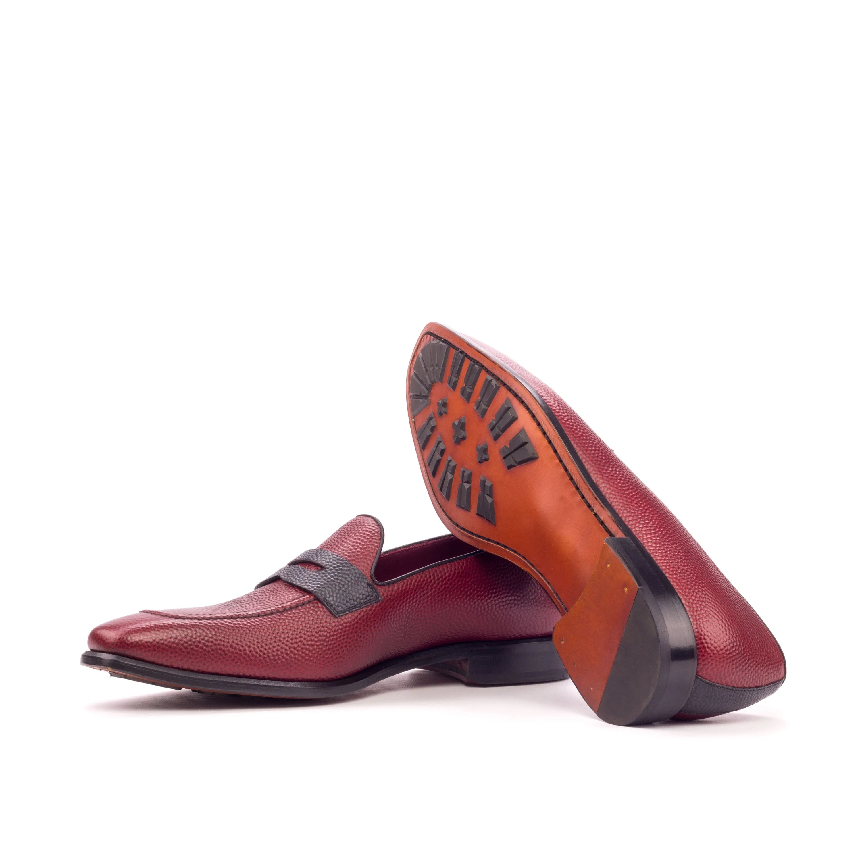 Tzu loafers: burgundy pebble grain leather penny loafers for men