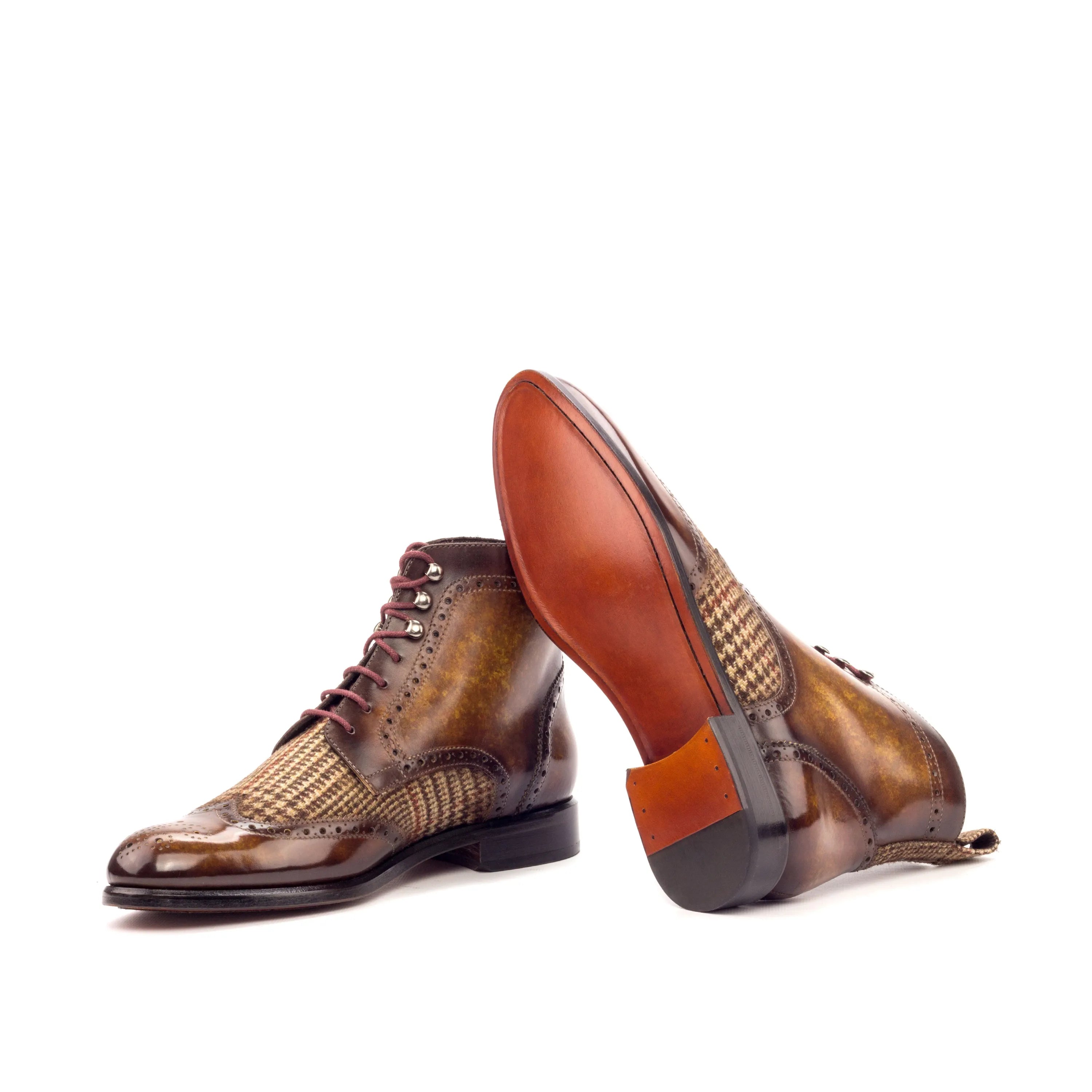 Victoria ladies military brogue brown leather and tweed boots