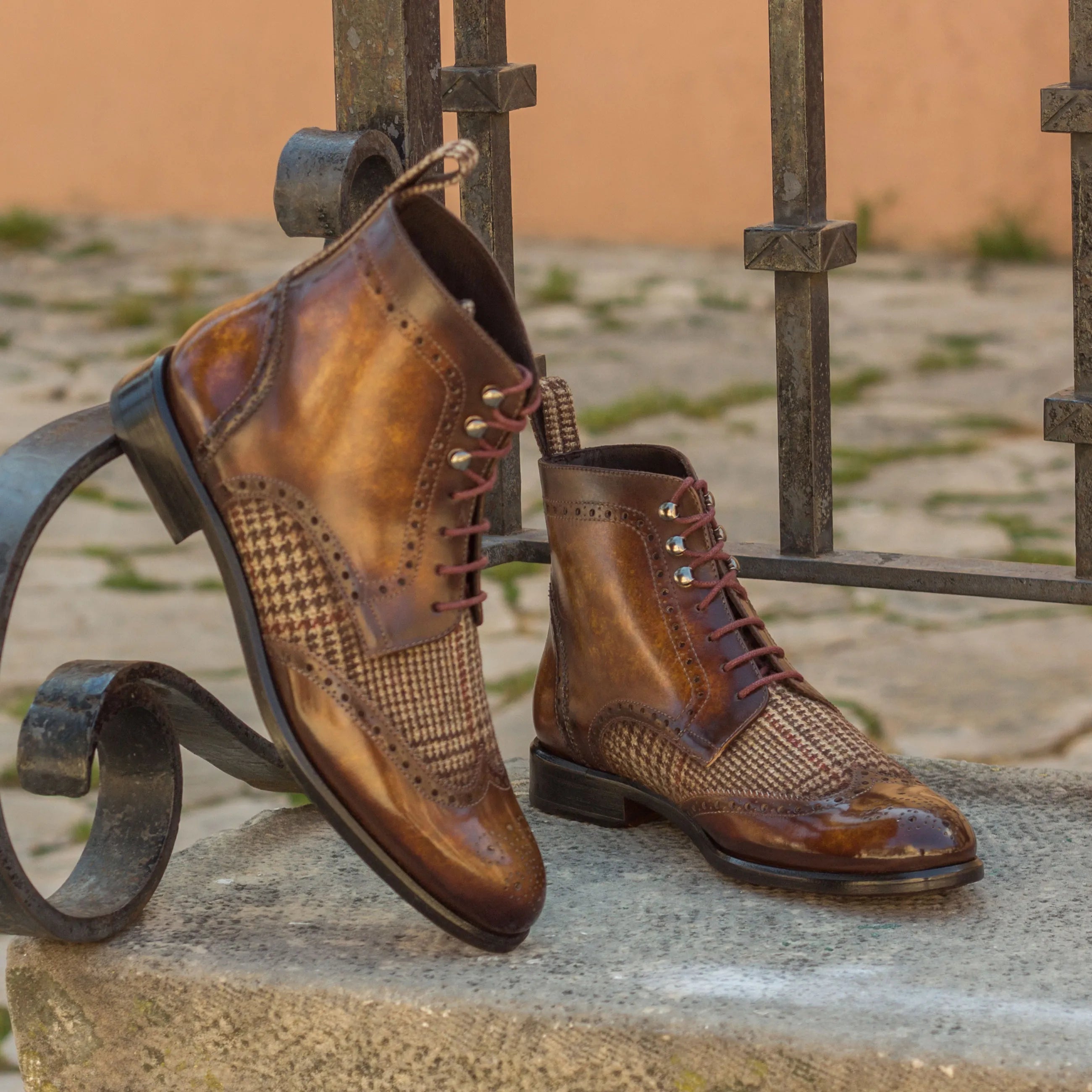 Victoria ladies military brogue brown leather tweed boots