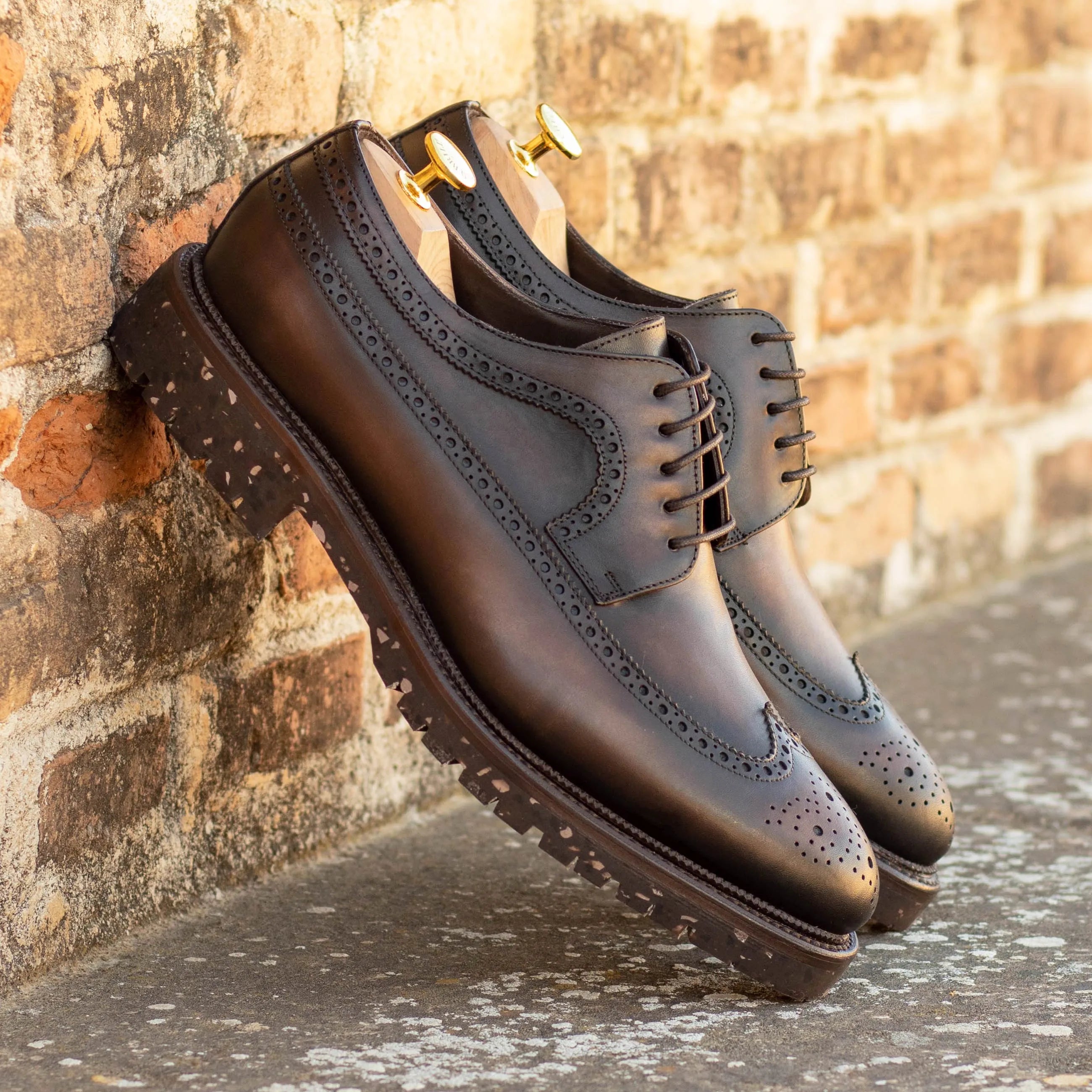 Pair of brown leather Vos Longwing Blucher II brogue shoes