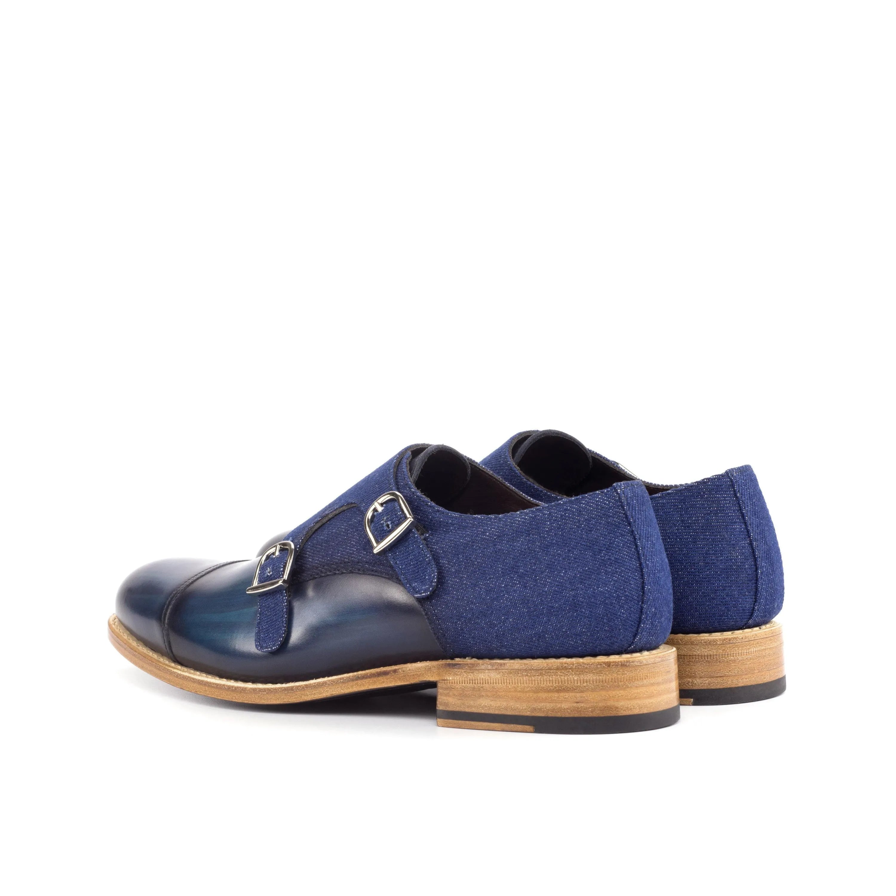 Wali Double Monk Patina II blue leather denim rounded toe shoes