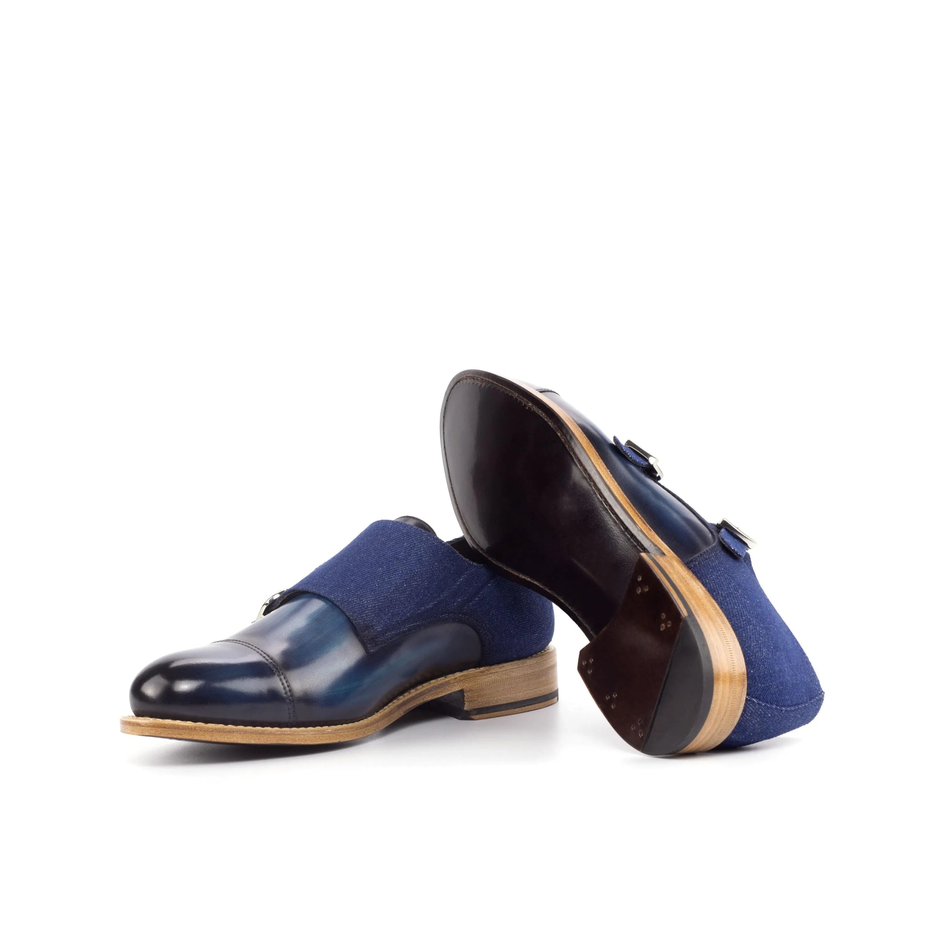 Wali Double Monk Patina II blue leather rounded toe shoes