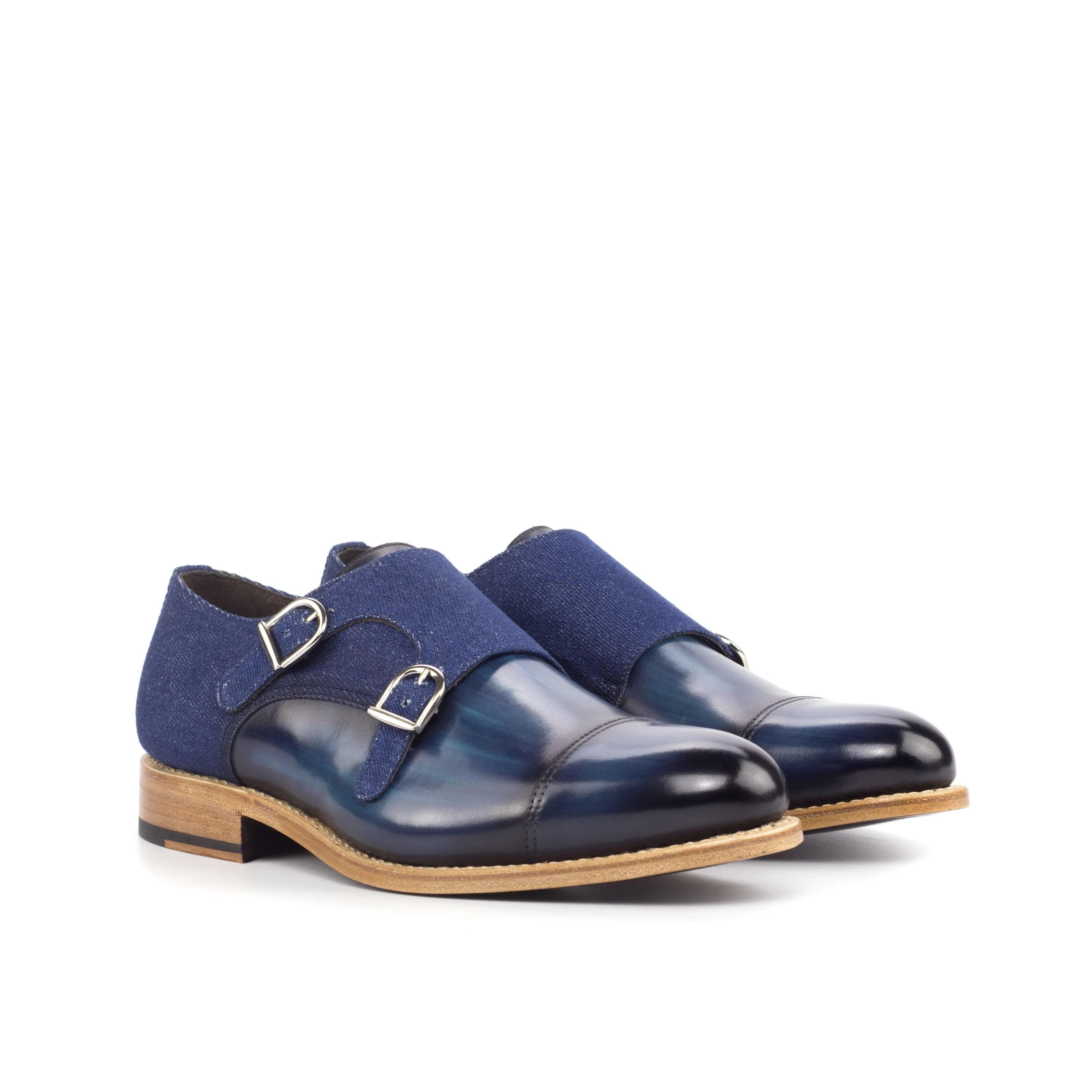Wali double monk patina blue leather shoes, double monk patina style