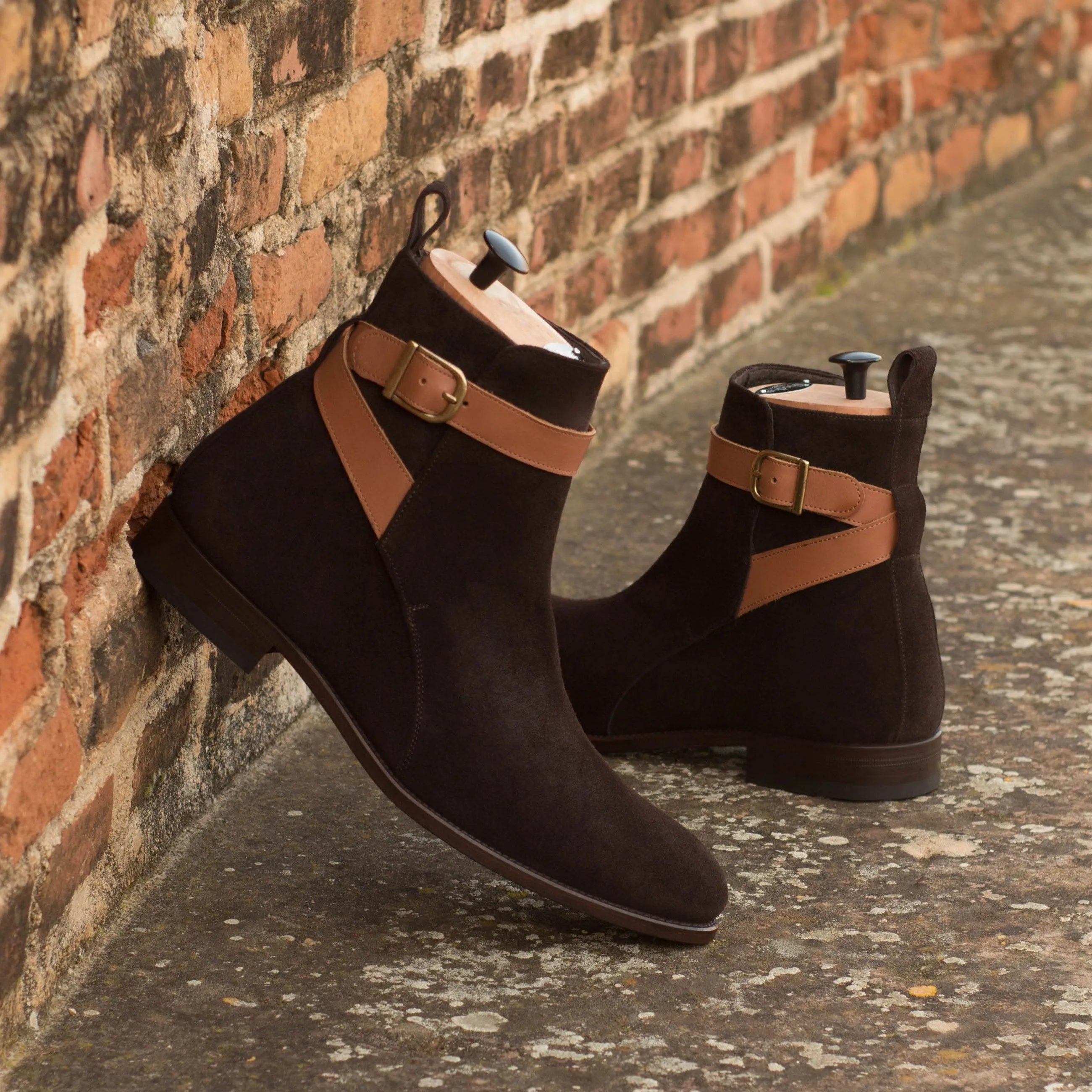 Wapasha Jodhpur Boots: brown suede ankle boots with tan leather straps