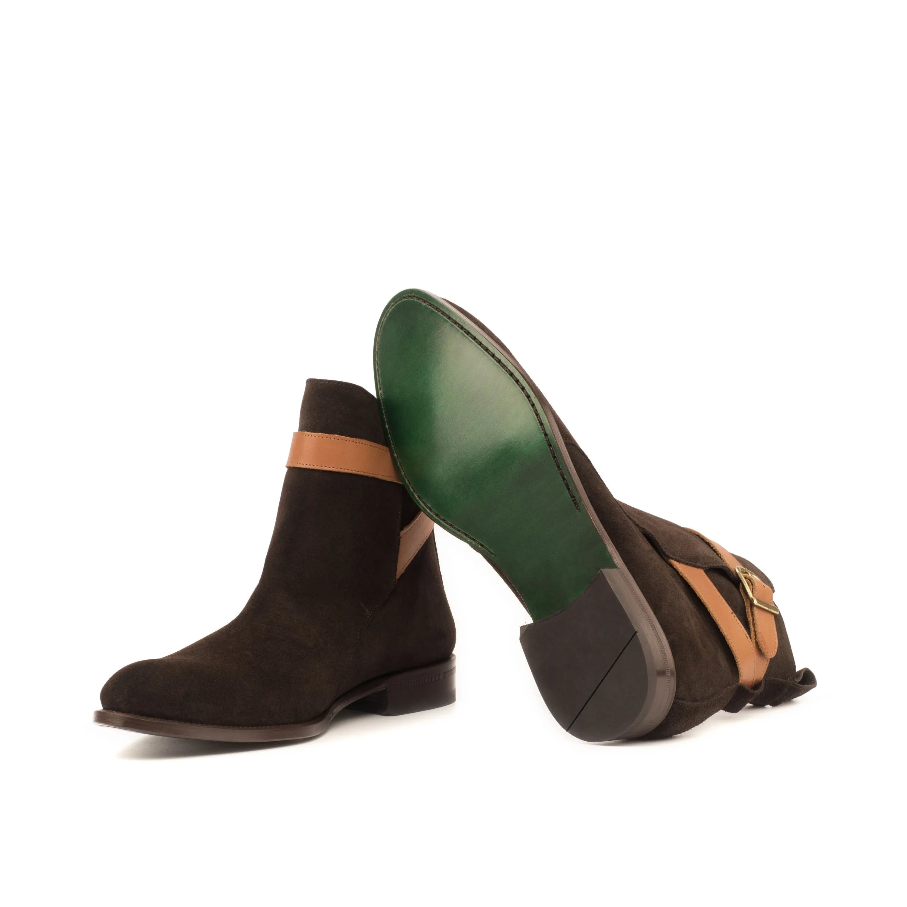Wapasha Jodhpur Boots: brown suede ankle boots with tan straps