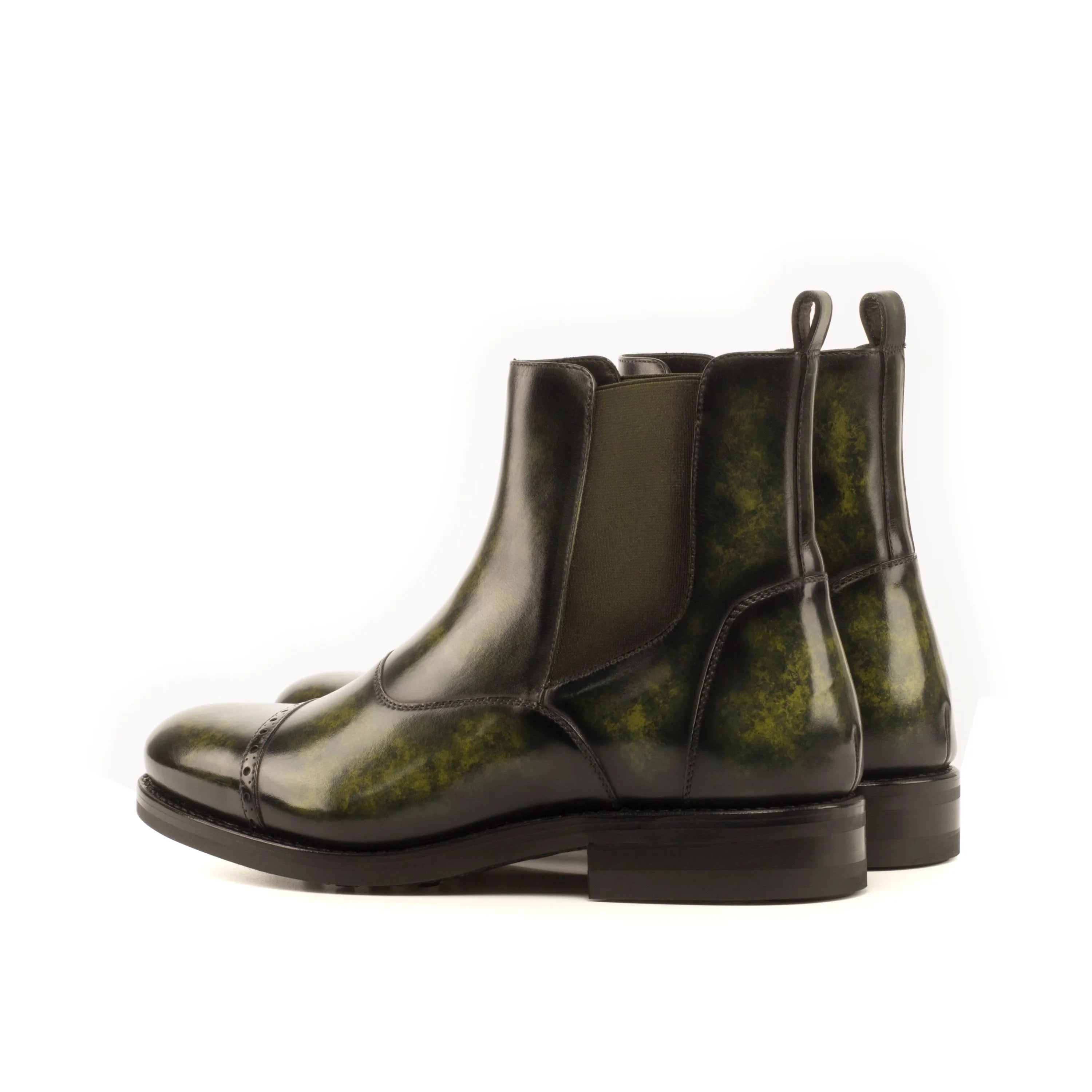 Green Wardon Patina Chelsea boots in leather back view