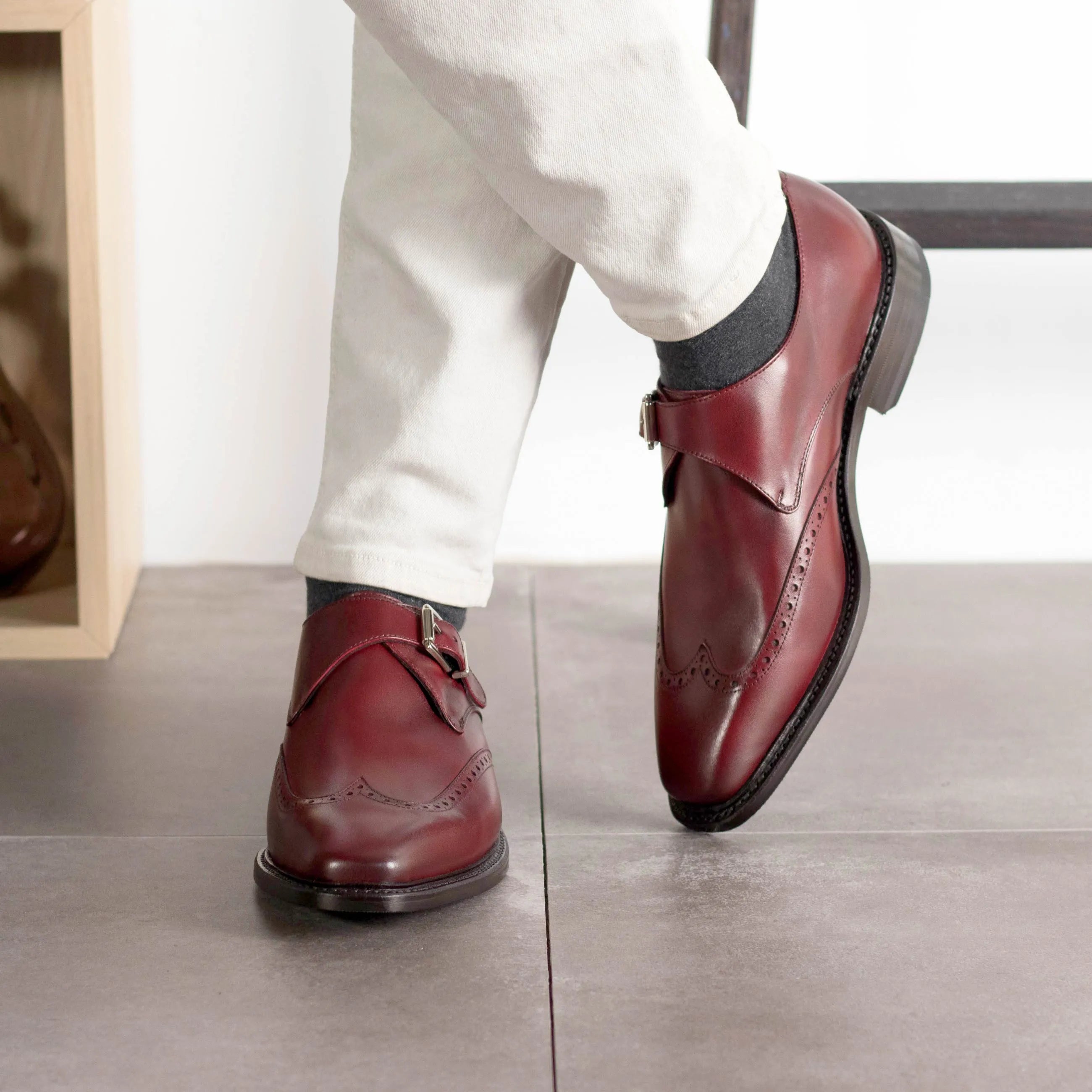 Burgundy leather Waz Single Monk shoes, back view, ships Fast Lane in 2-3 business days