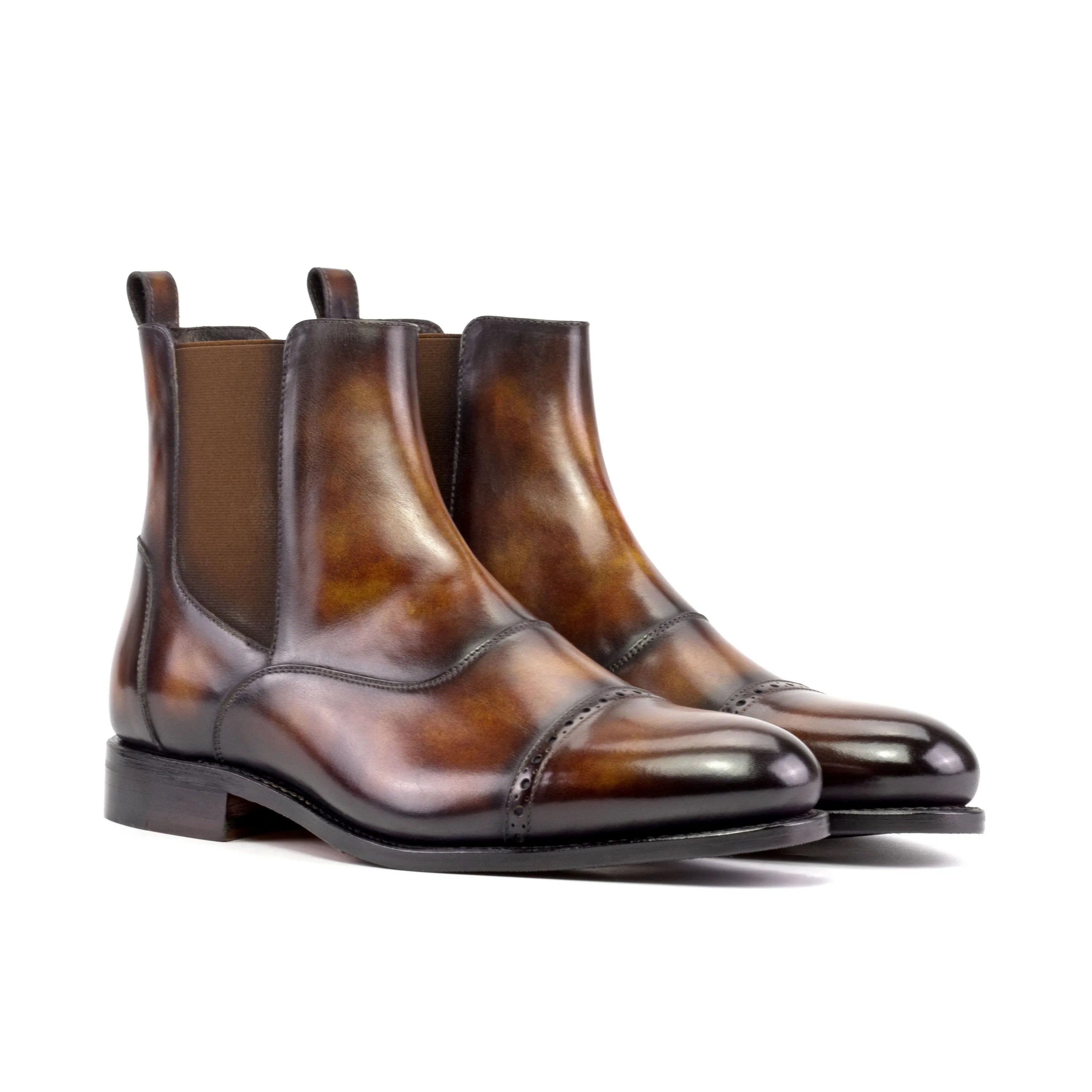Pair of brown leather Willy Patina Chelsea rounded toe Chelsea boots