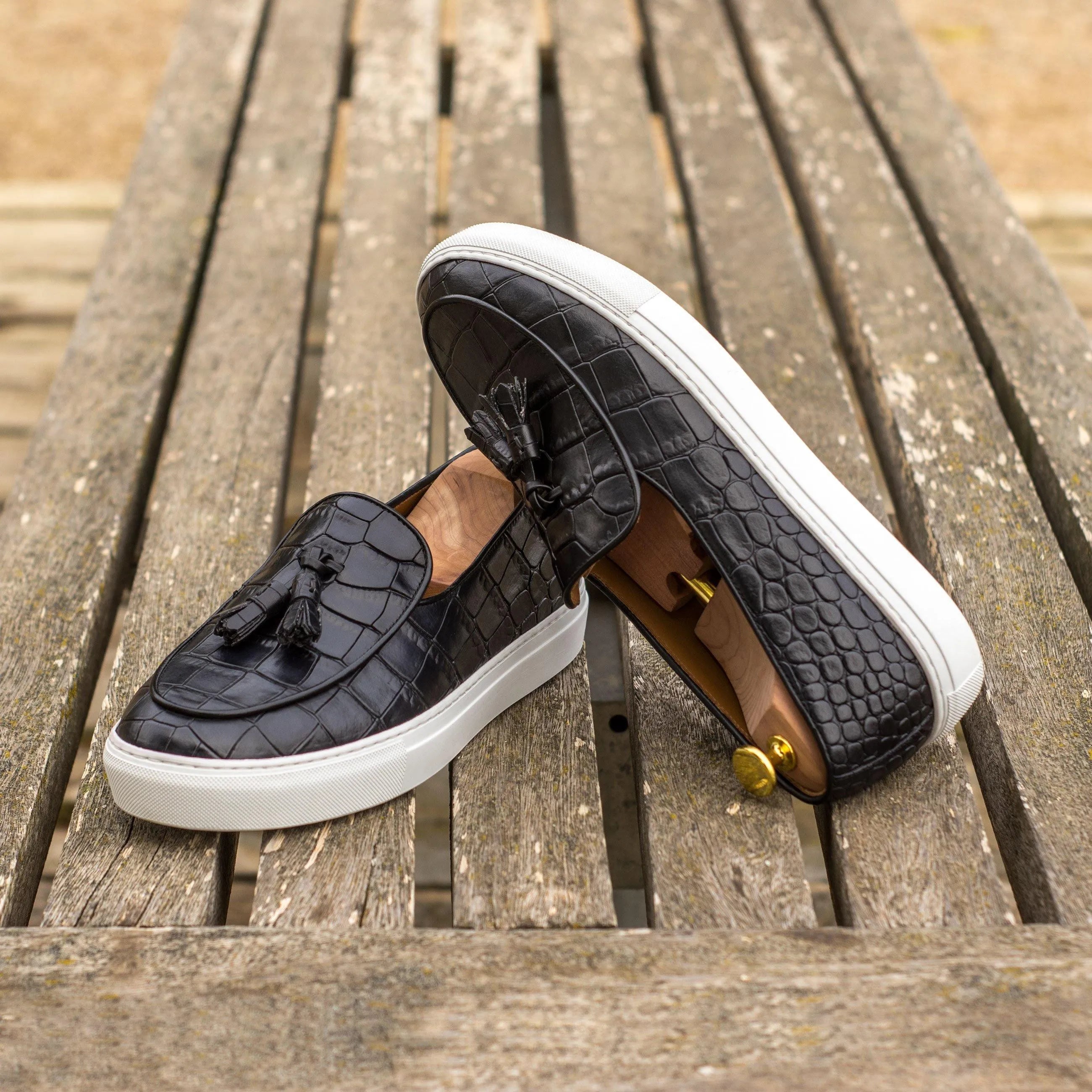 Xevia Belgian monk sneaker II in black crocodile calf leather