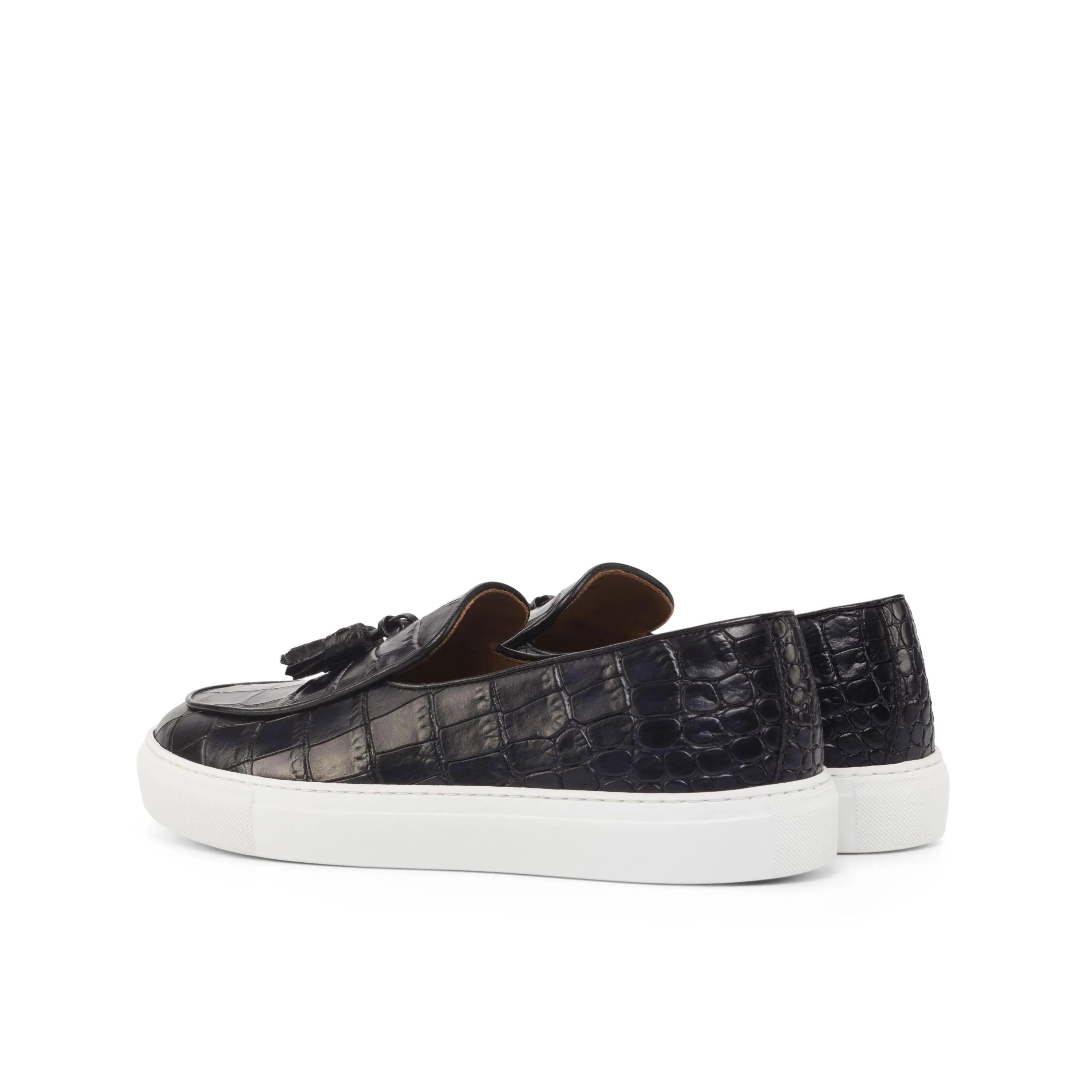 Xevia Belgian Monk Sneaker II black crocodile calf leather tassel loafers