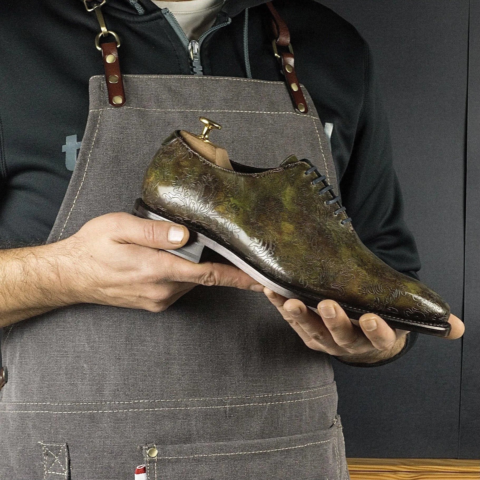 Yotopia Patina Wholecut olive green leather dress shoe