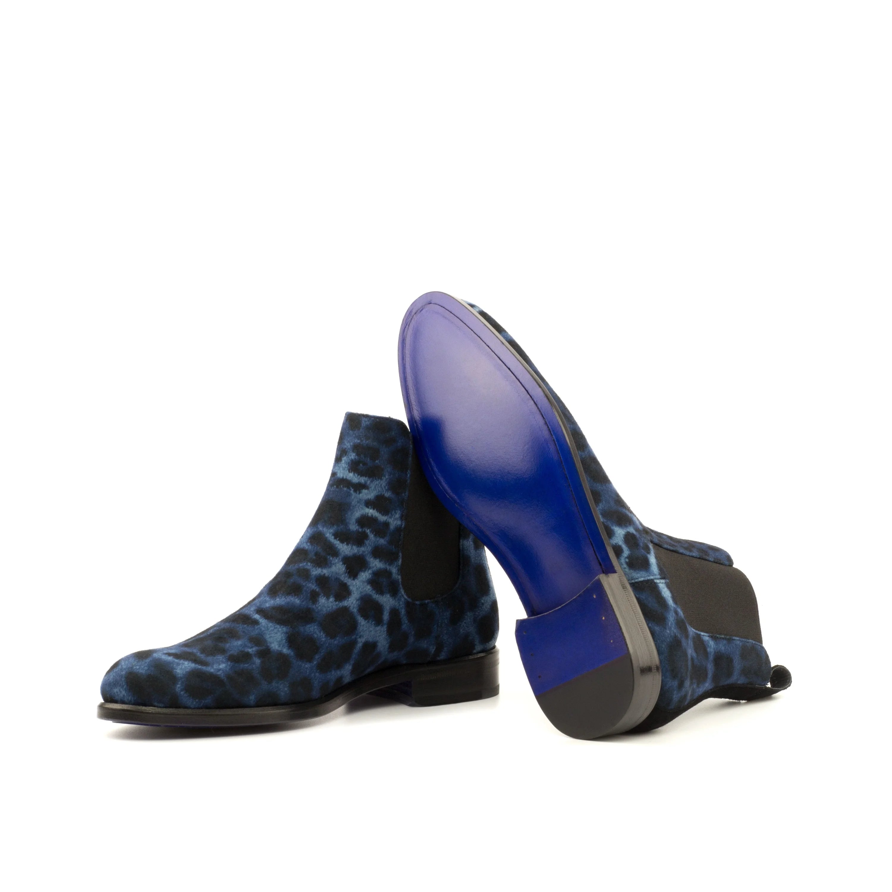 Youla ladies Chelsea boots in blue leopard print with glossy sole