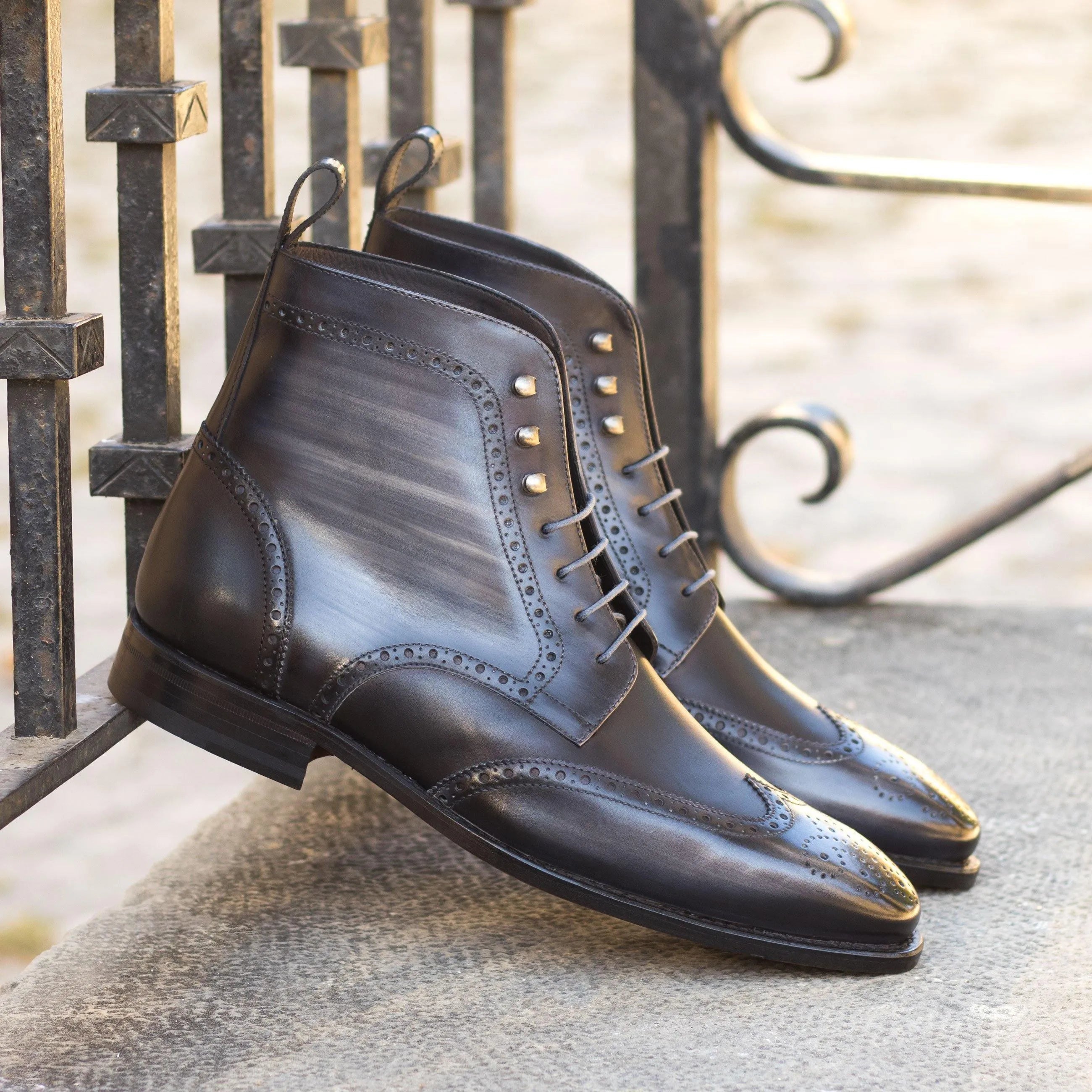 Zdan military brogue patina boots II in gray leather wingtip