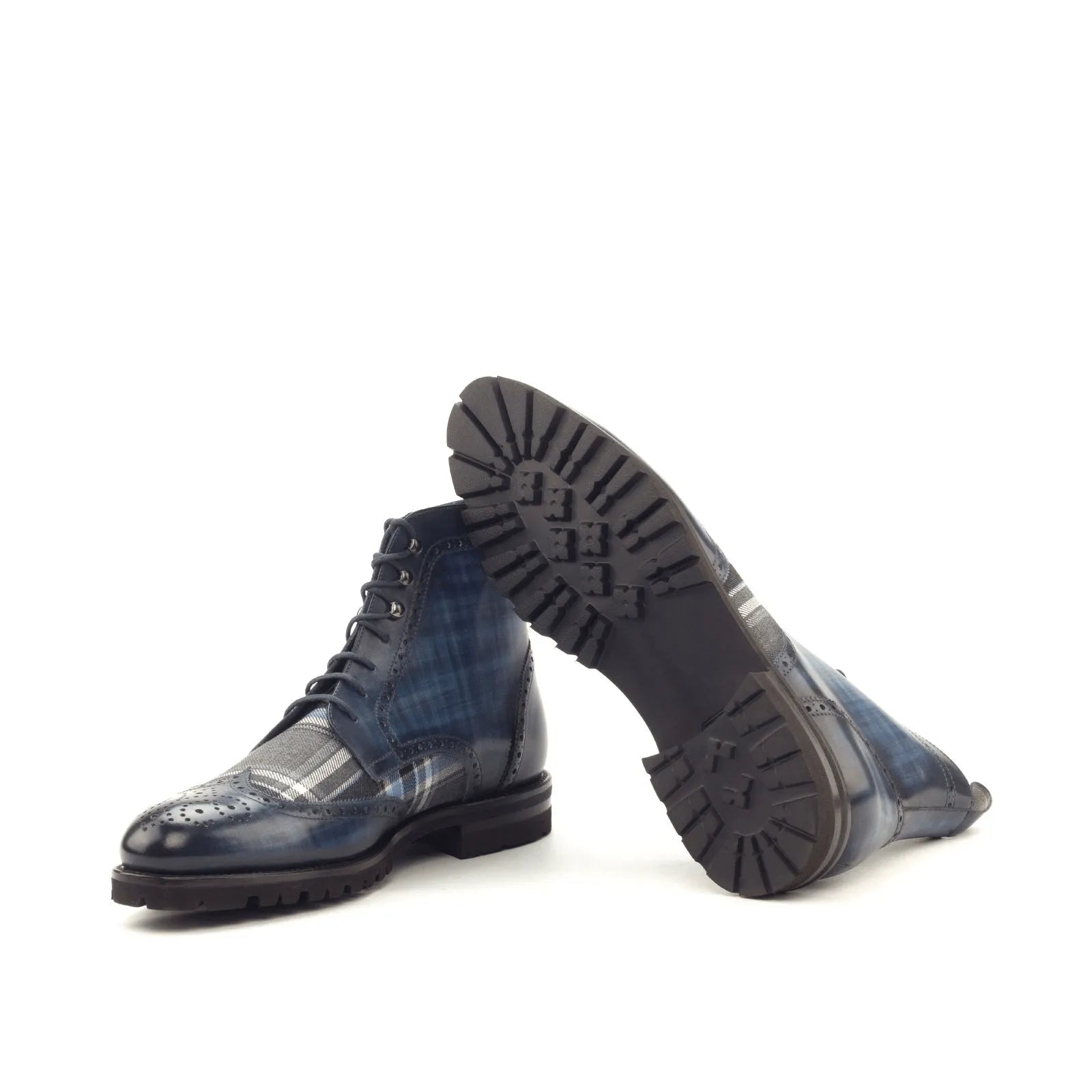 Zeno military brogue patina boots in blue leather and plaid lace-up design