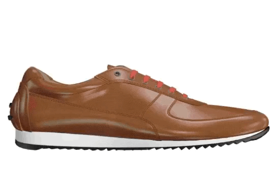 Brown leather sneaker with red laces and white sole, featuring a classic design.
