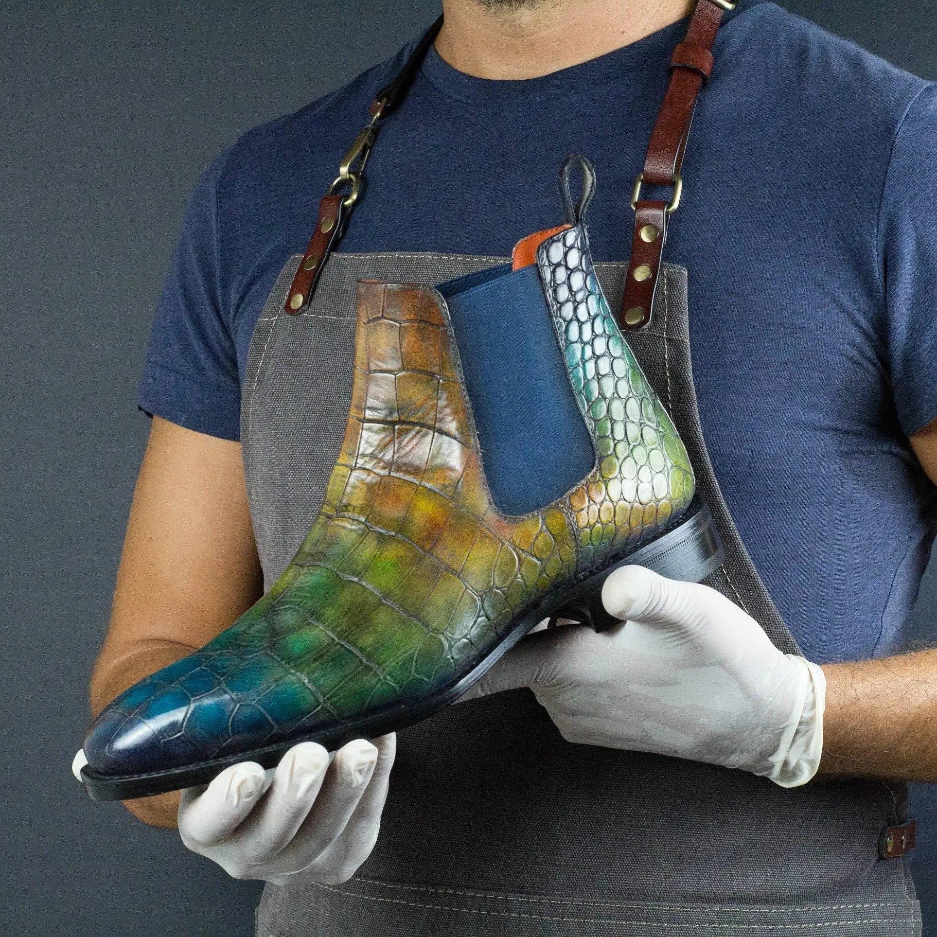 Colorful crocodile-patterned Chelsea boot.