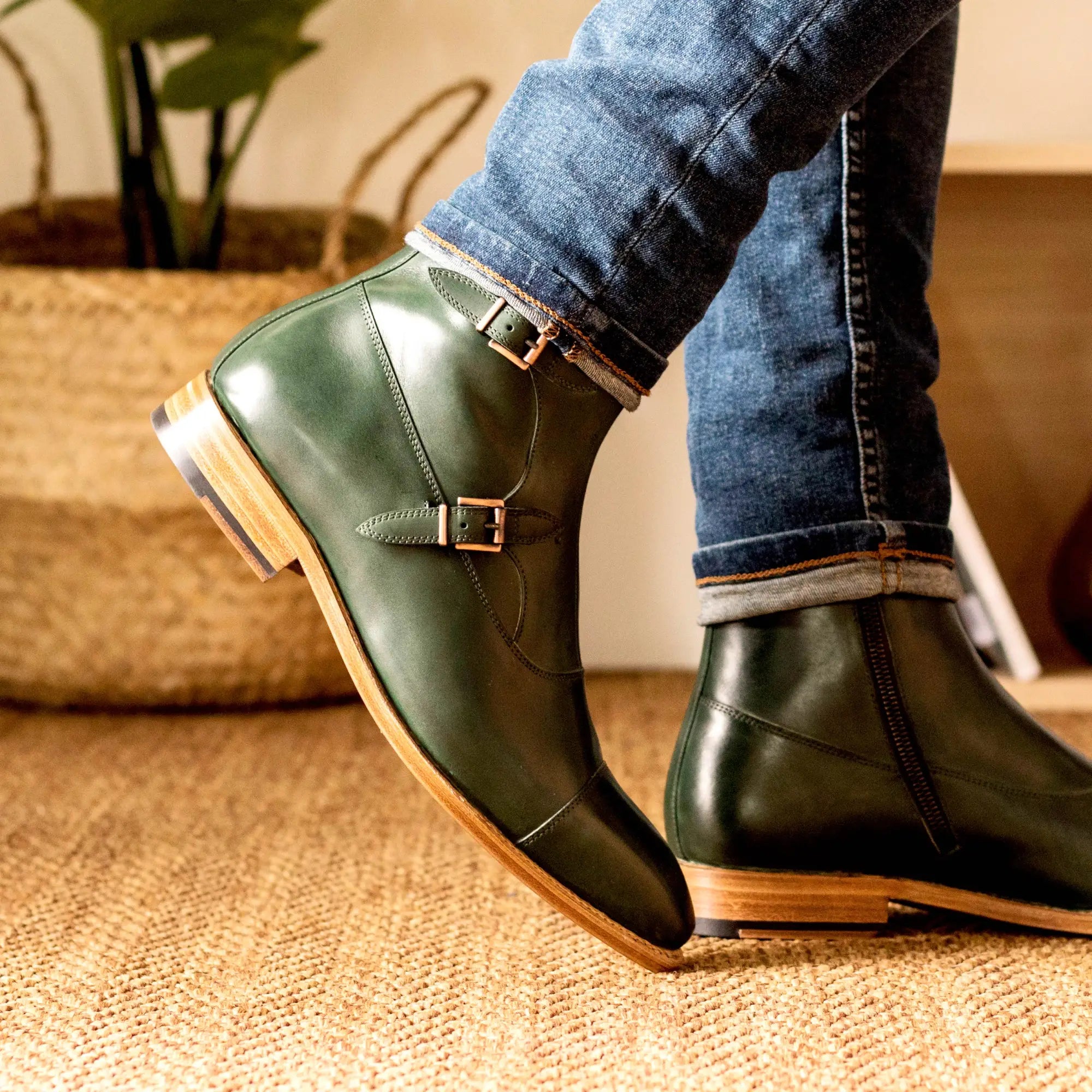 Green leather monk strap boots.