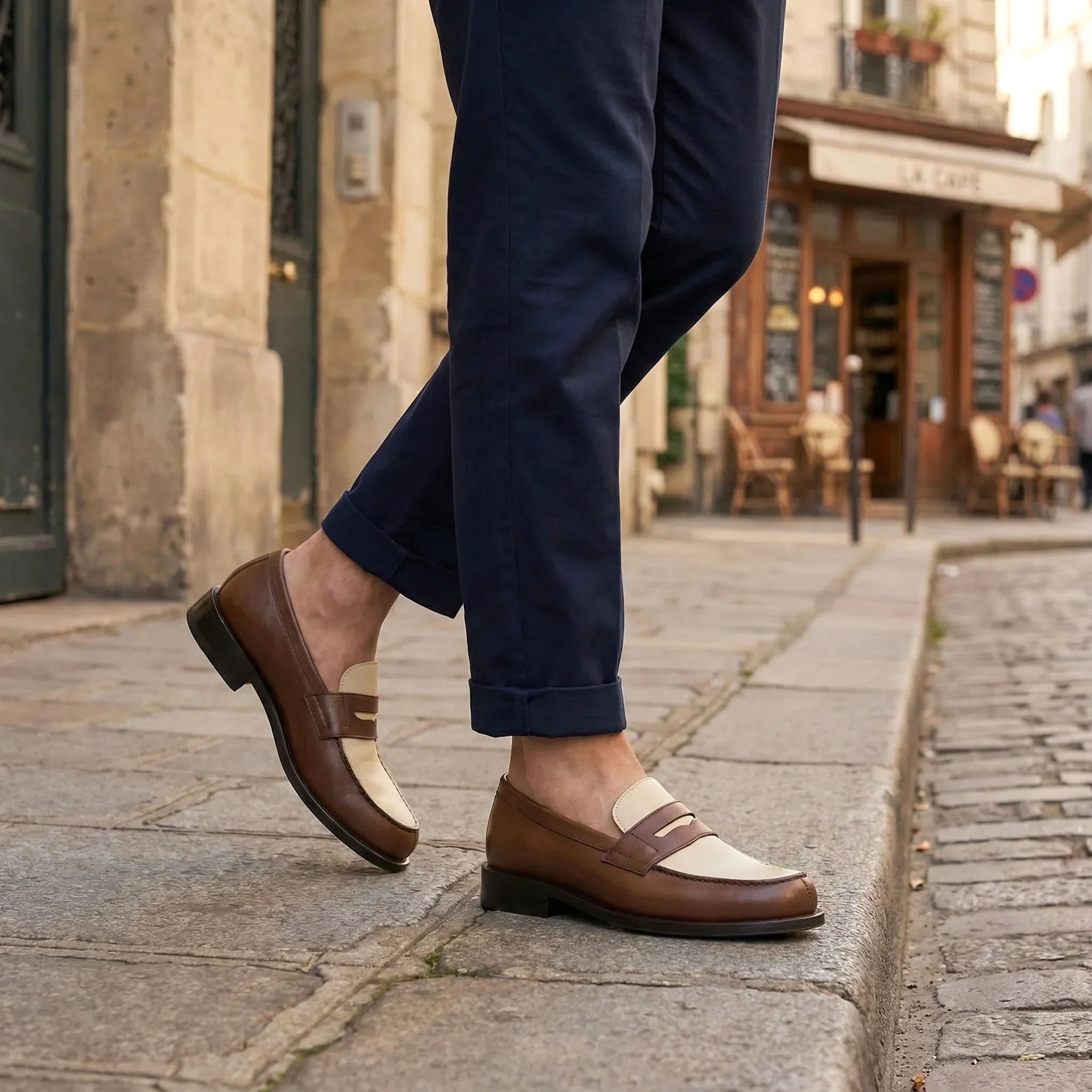 Brown and cream two-tone leather loafers with a classic penny loafer design.