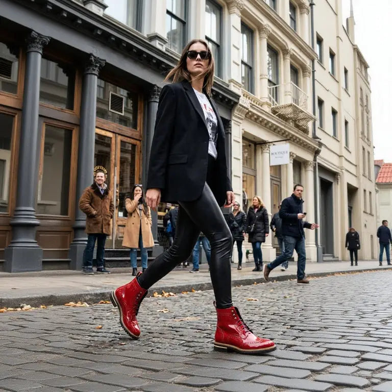 Red patent leather brogue combat boots with a glossy finish and classic lace-up design.