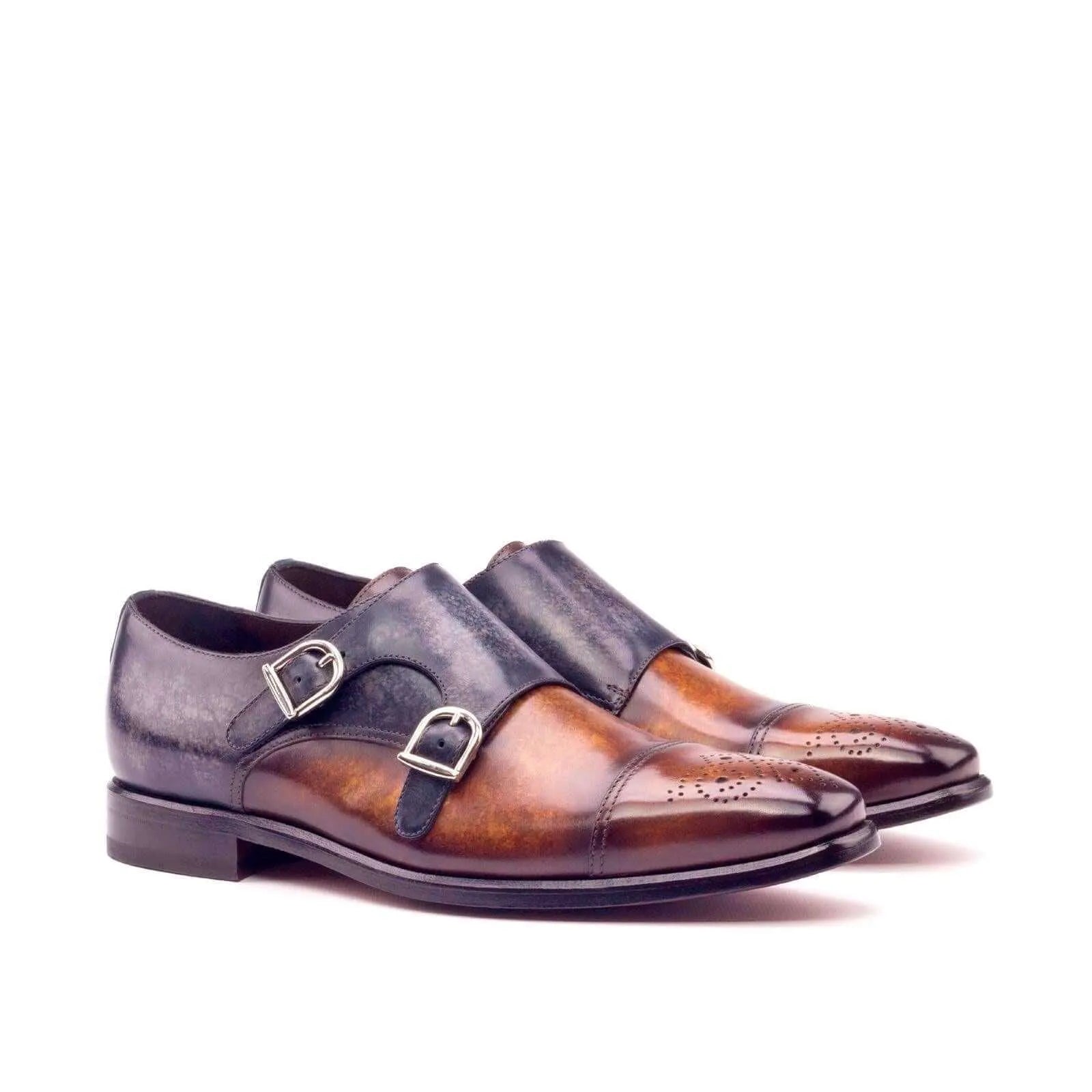 Brown and blue double monk patina II leather shoes, 1825 model