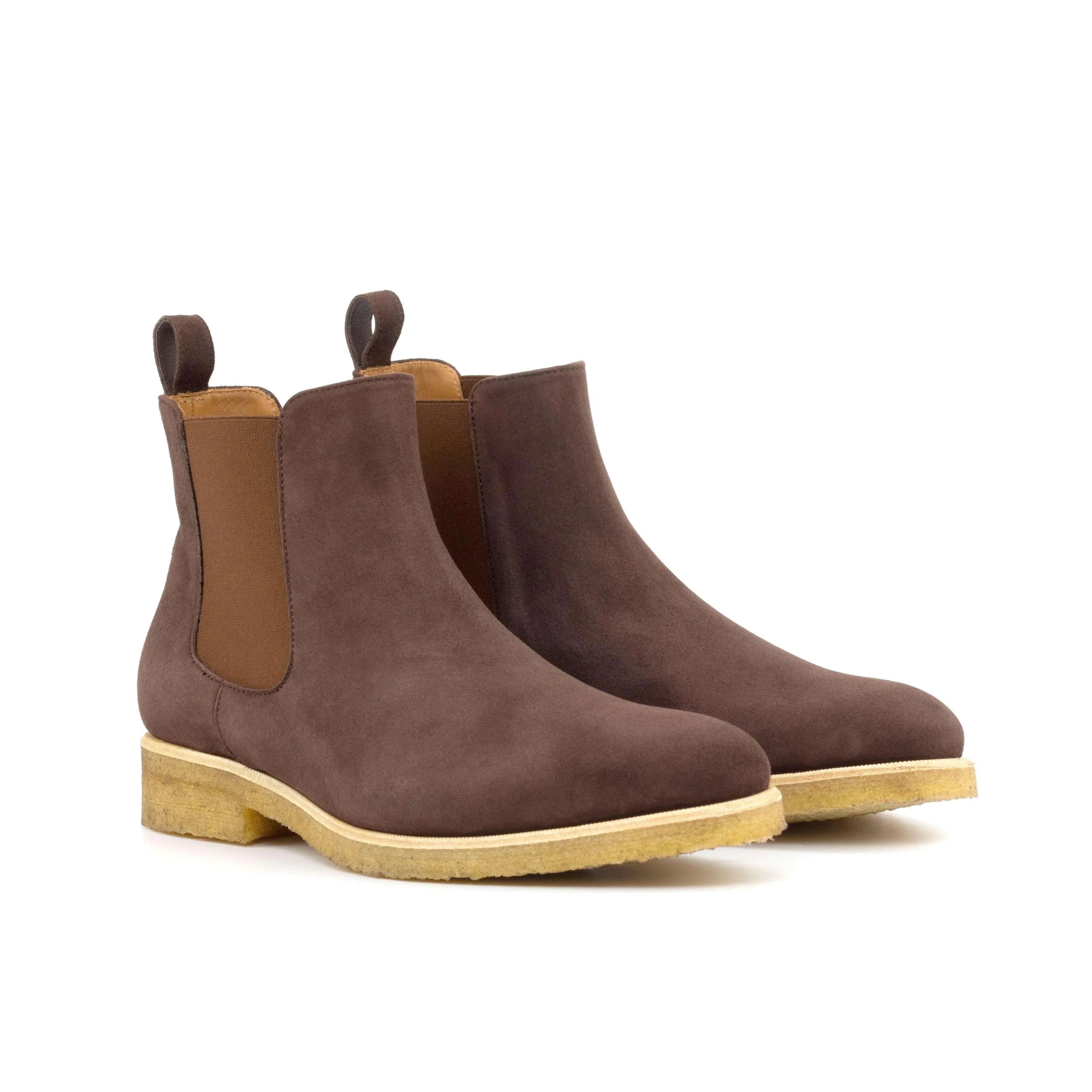 Pair of brown suede 1905 Chelsea boots, luxury bespoke shoes for men
