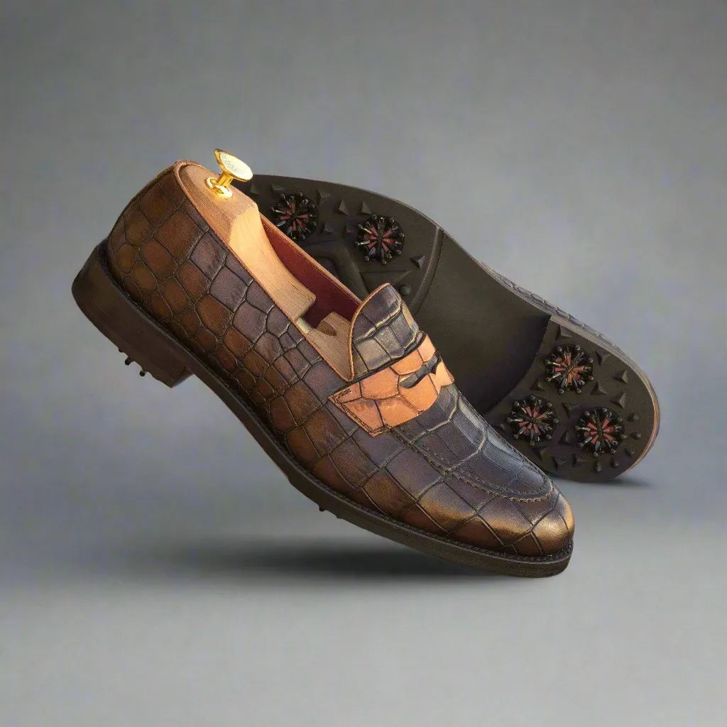Brown painted croco 1918 loafer golf shoes, med brown leather detail