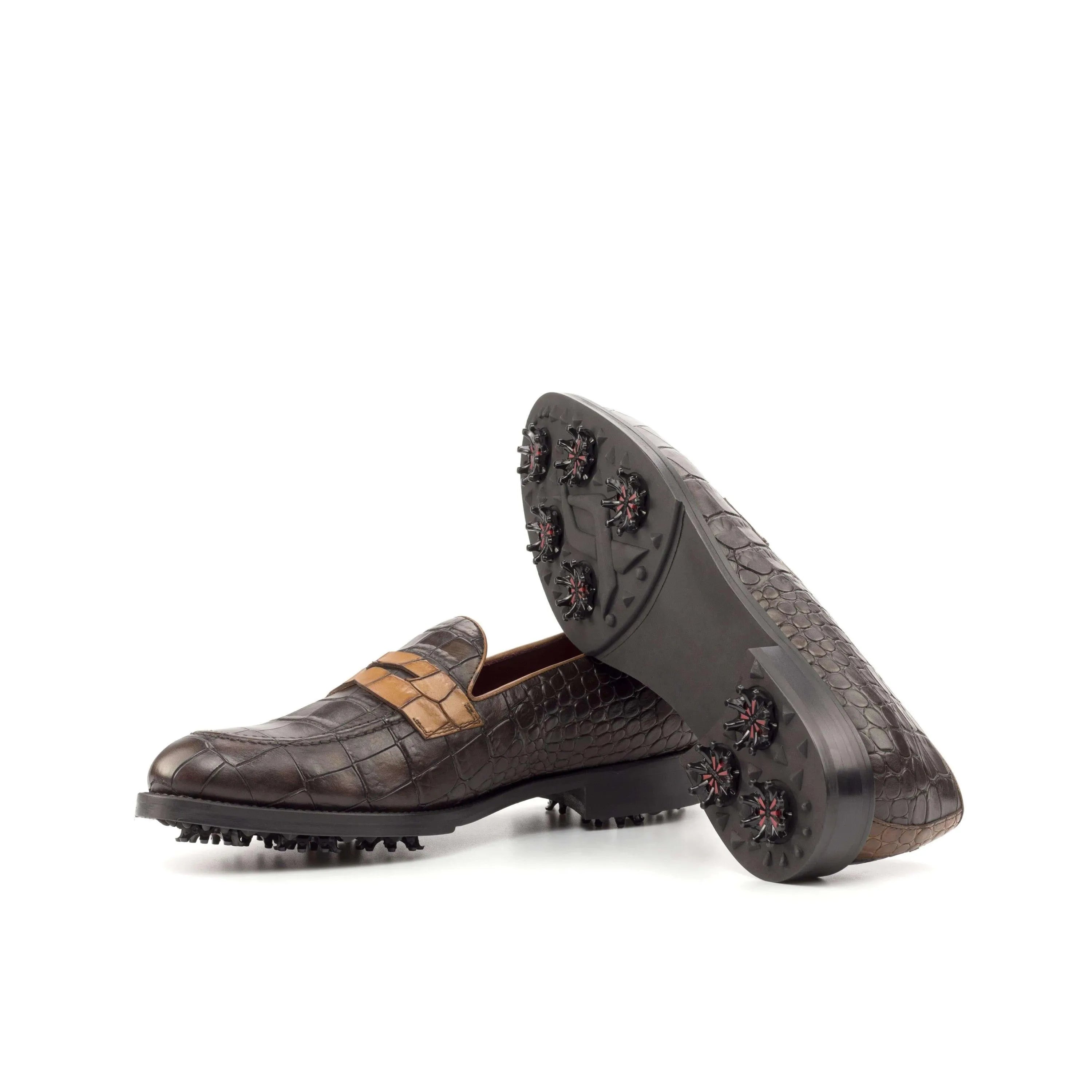 Brown leather 1918 loafer golf shoes, med brown painted croco detail