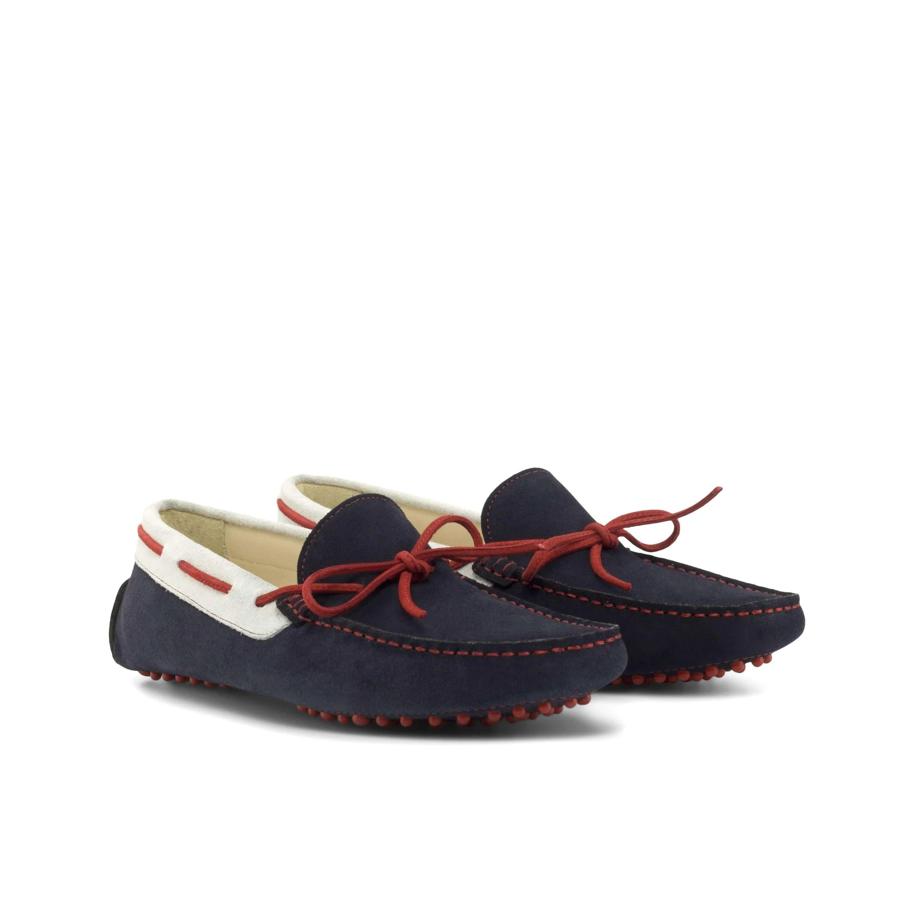 Tod’s 1990 Driver II navy blue suede driver moccasins with red accents, color vary sole
