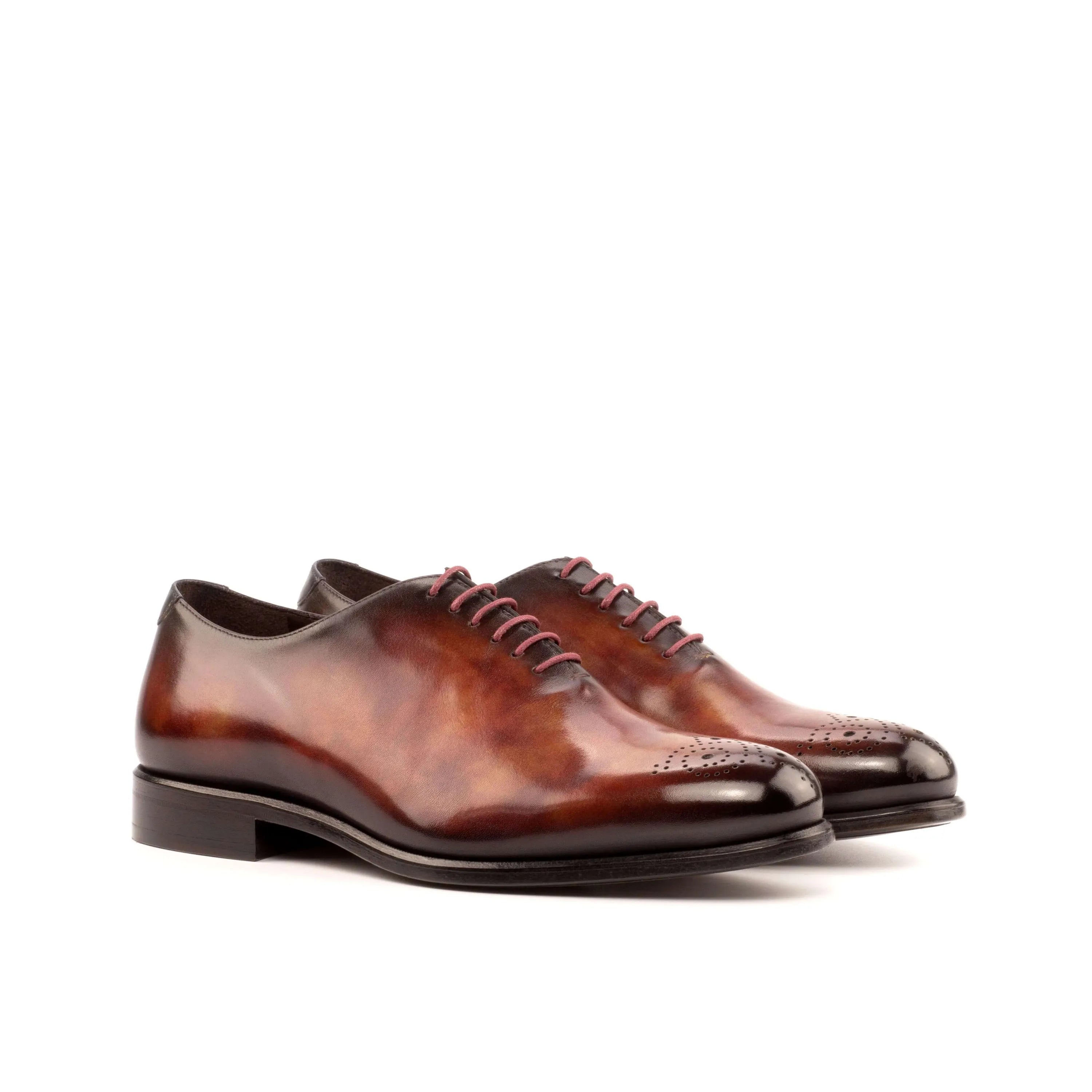 Pair of brown whole cut patina luxury bespoke shoes for men