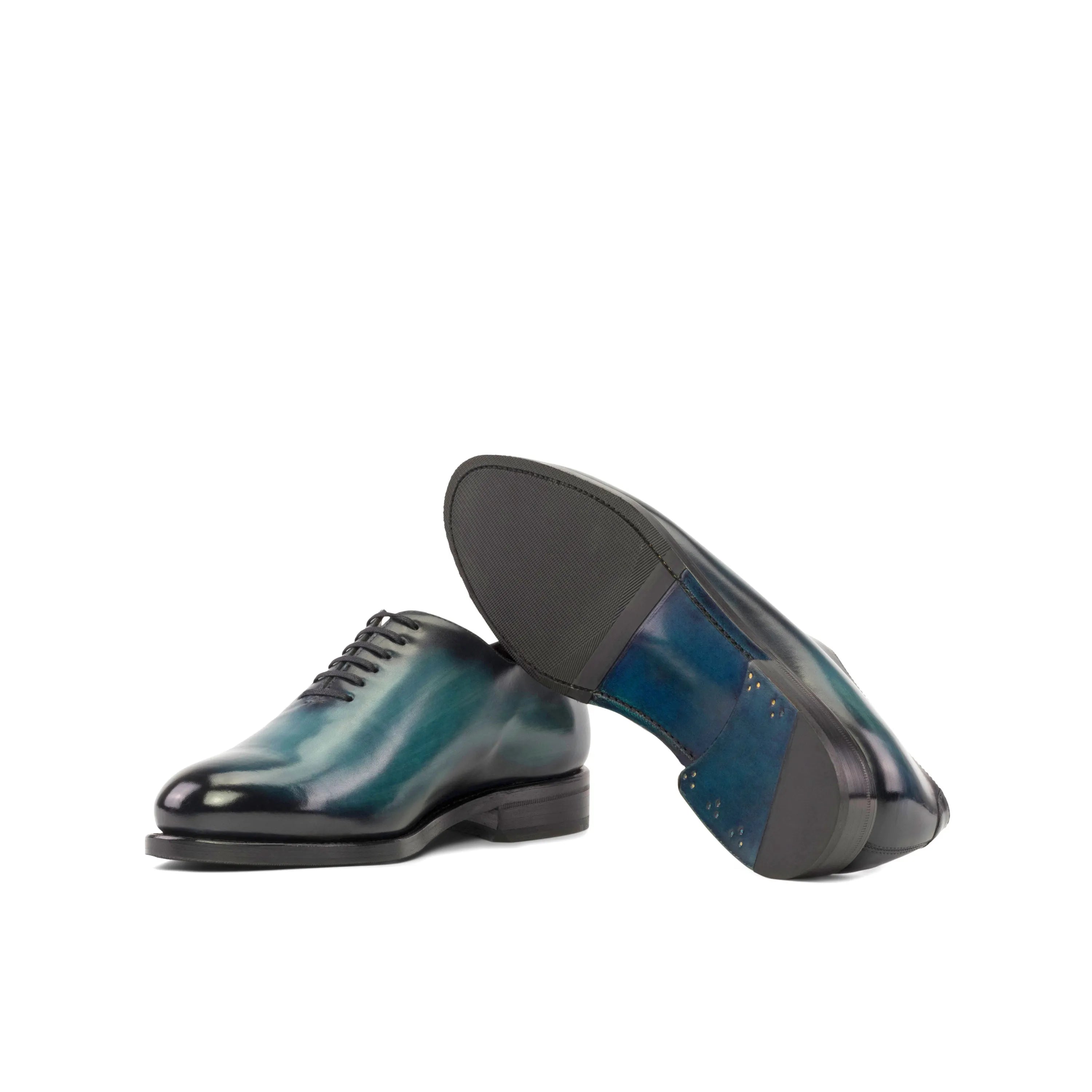 Pair of blue and black whole cut patina shoes 5914 back view