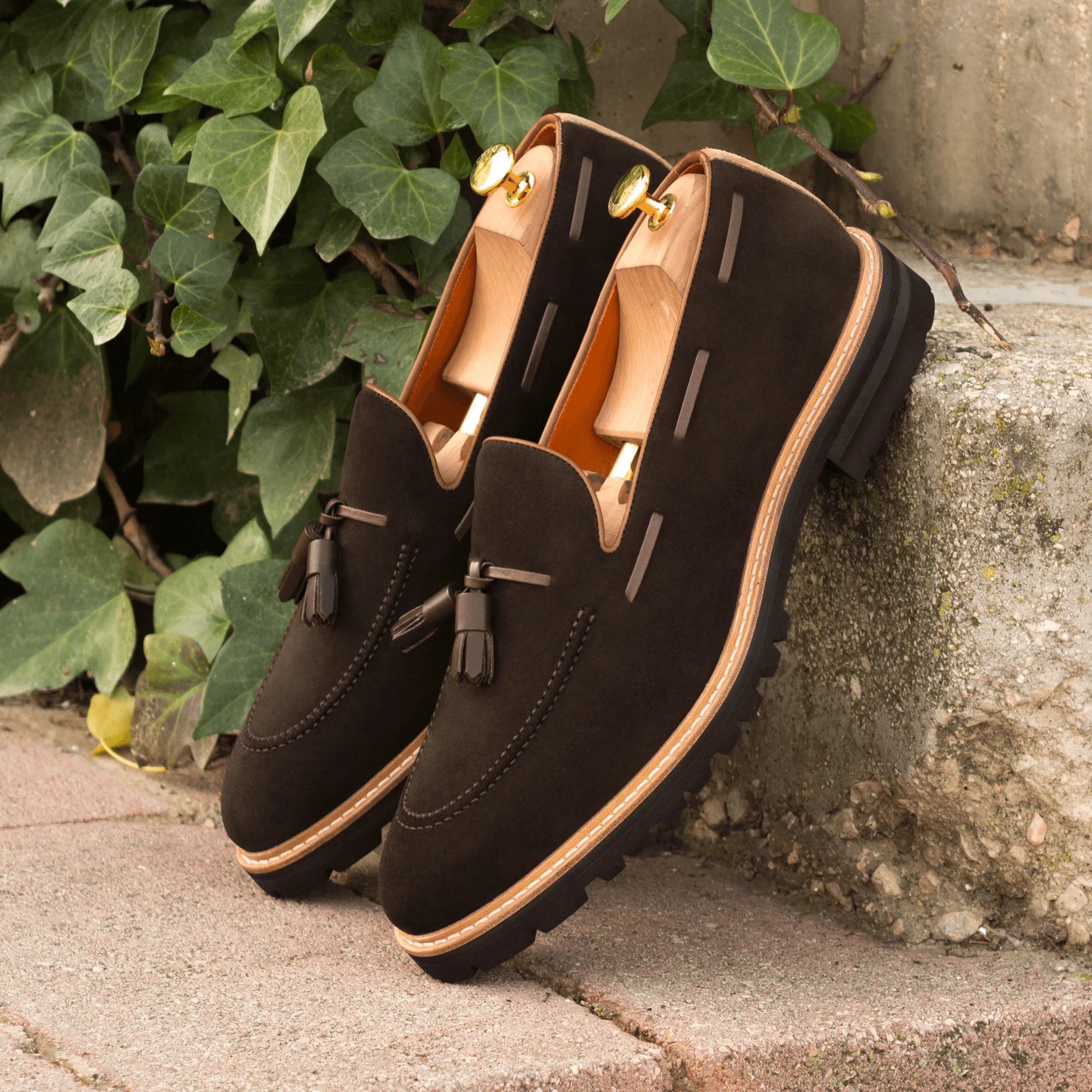 Brown suede tassel Achilles loafers, luxury bespoke shoes for men
