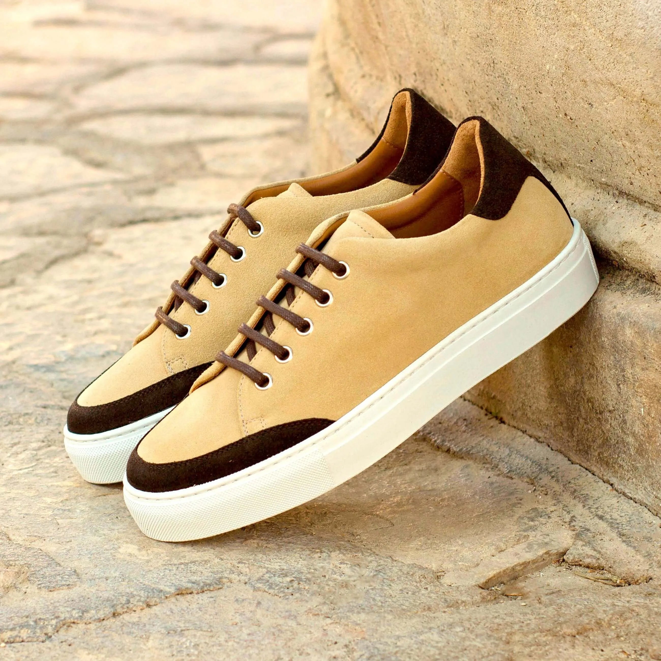 Adrianas ladies tennis sneaker in tan and brown lux suede