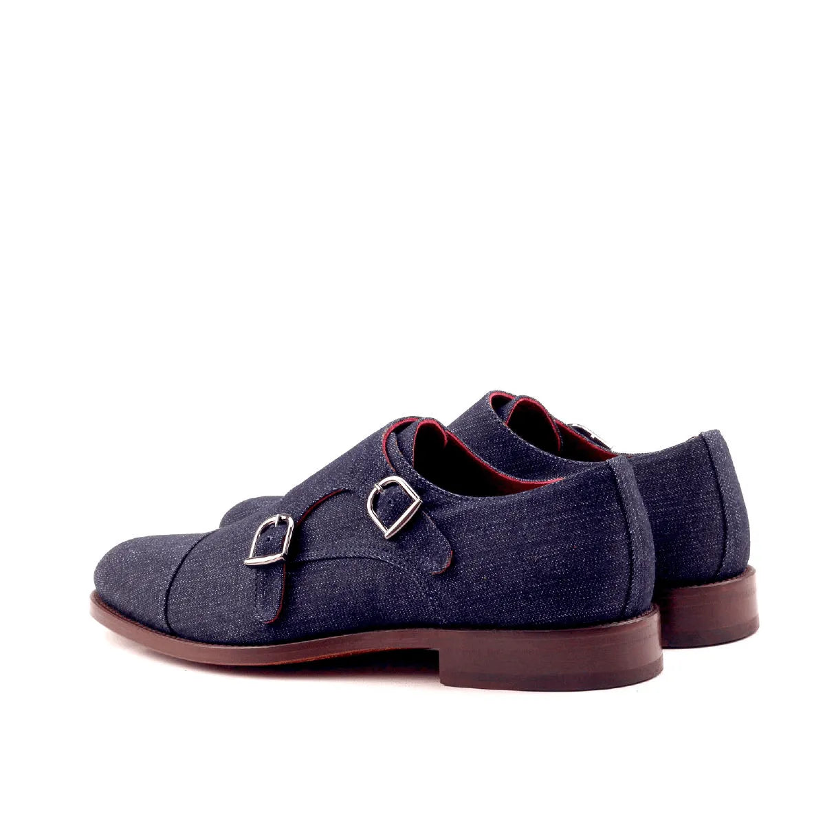 Aesop double monk blue denim shoes pair back view