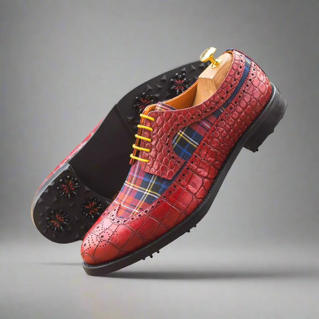 Aldorado longwing blucher golf shoes in red plaid saddle design