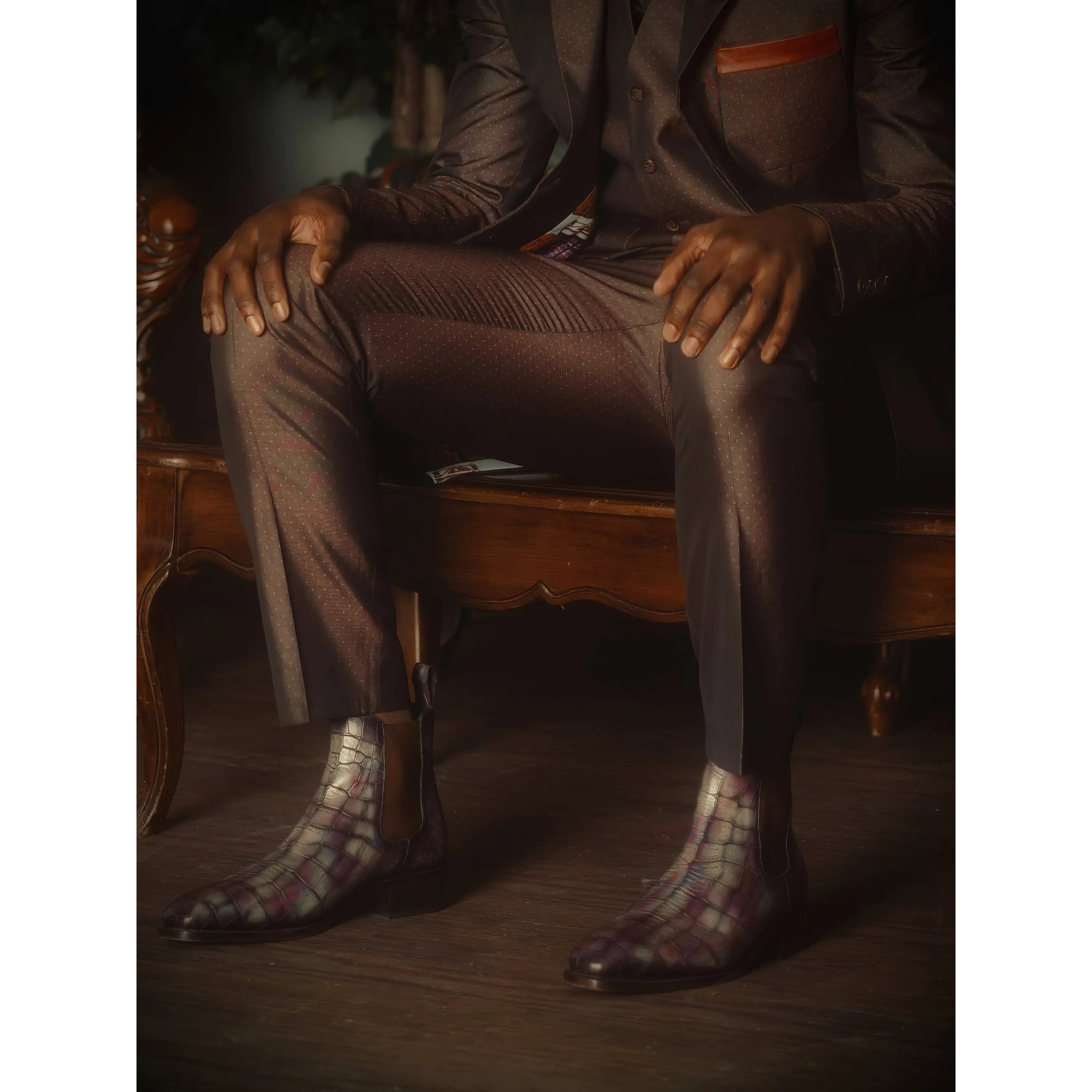 Man in suit wearing Alexandrio Patina Chelsea Boots II