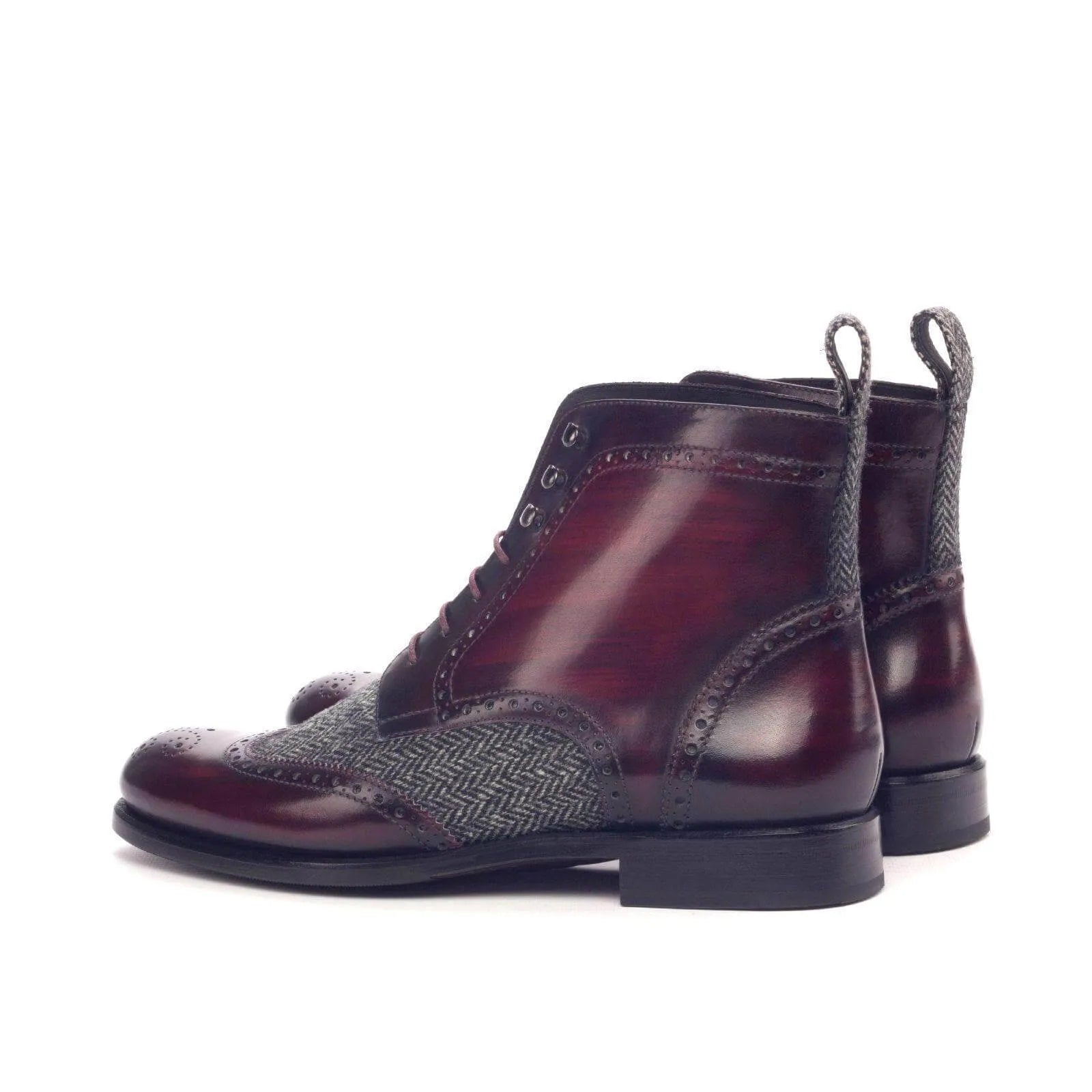 Aliya ladies military brogue patina boots in burgundy leather and herringbone tweed