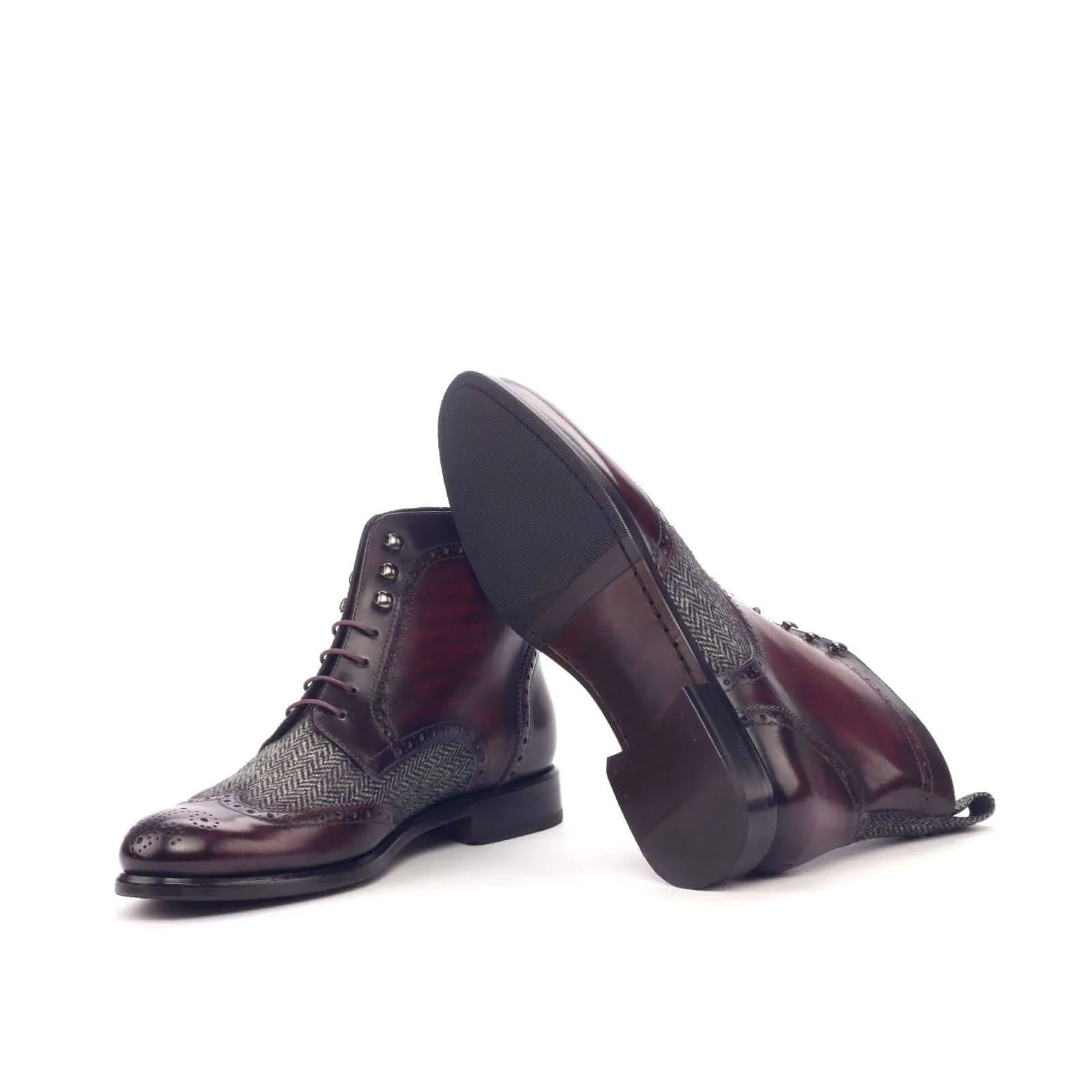 Aliya Ladies Patina military brogue boots in burgundy leather and tweed