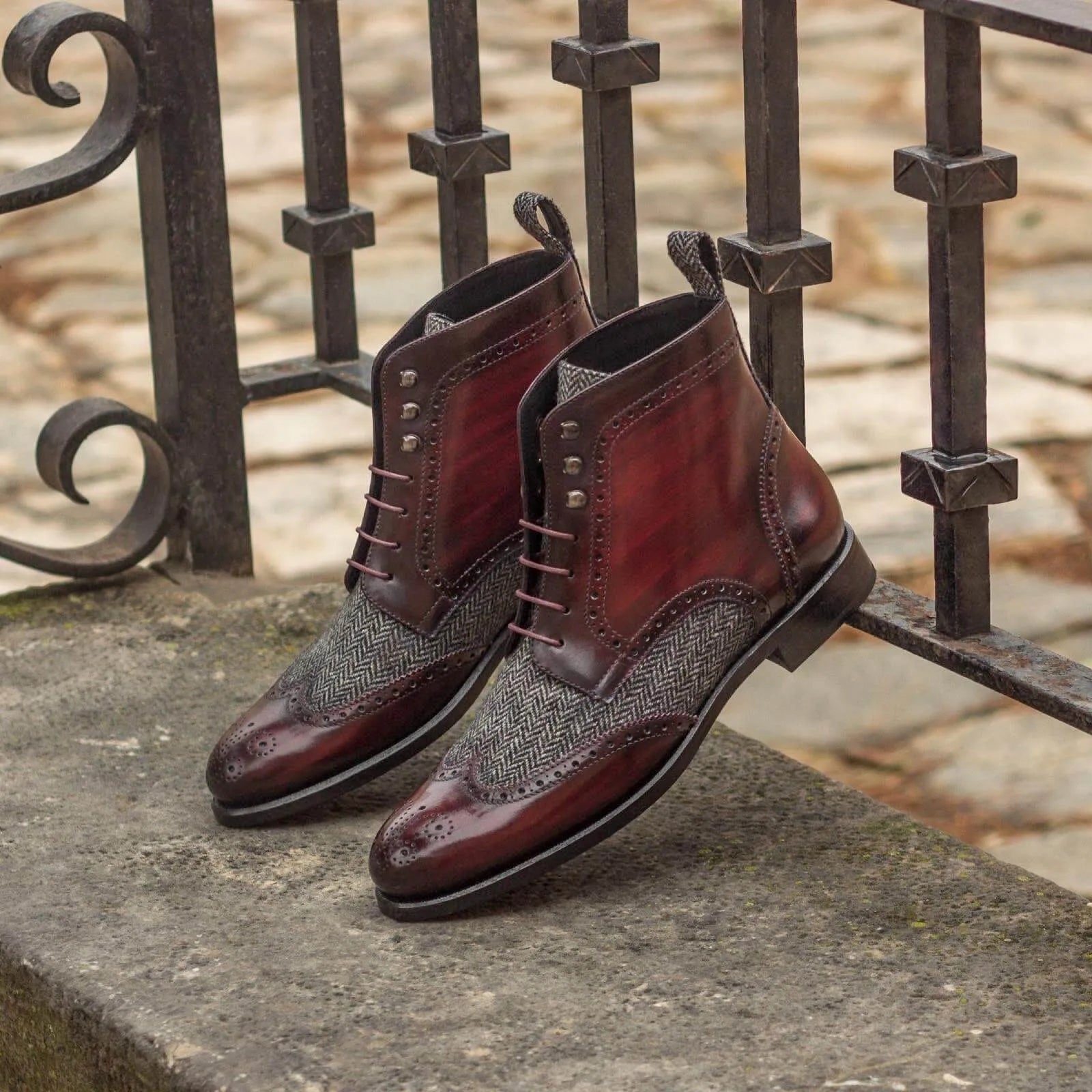 Aliya Ladies Patina military brogue boots in burgundy leather and herringbone tweed