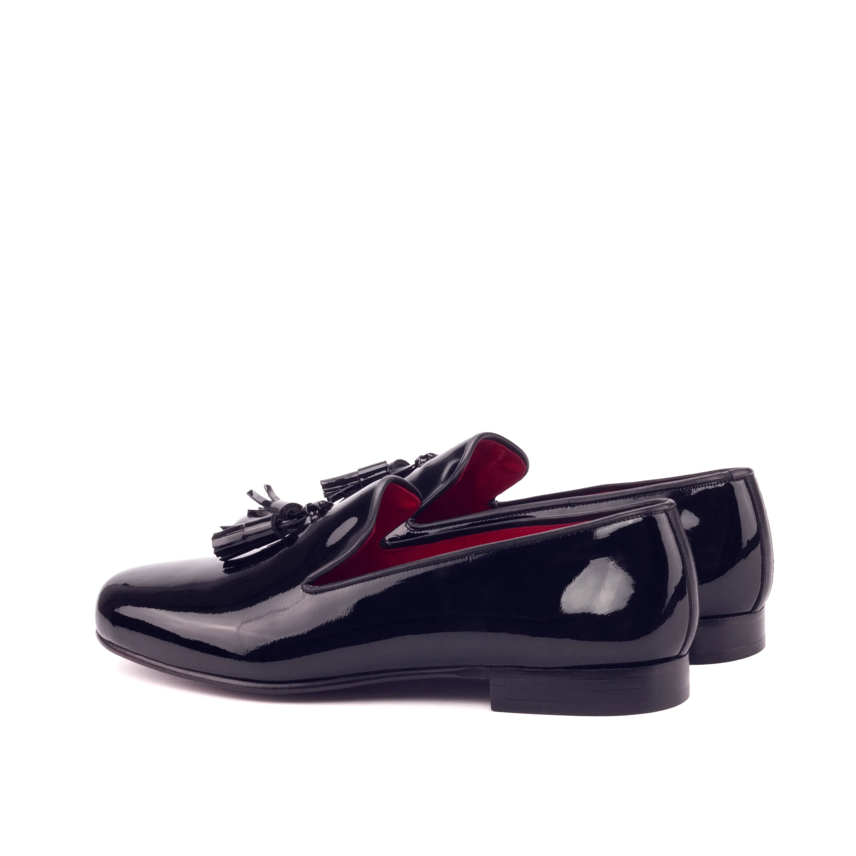 Shiny black tassel loafers on Amuso Wellington slip