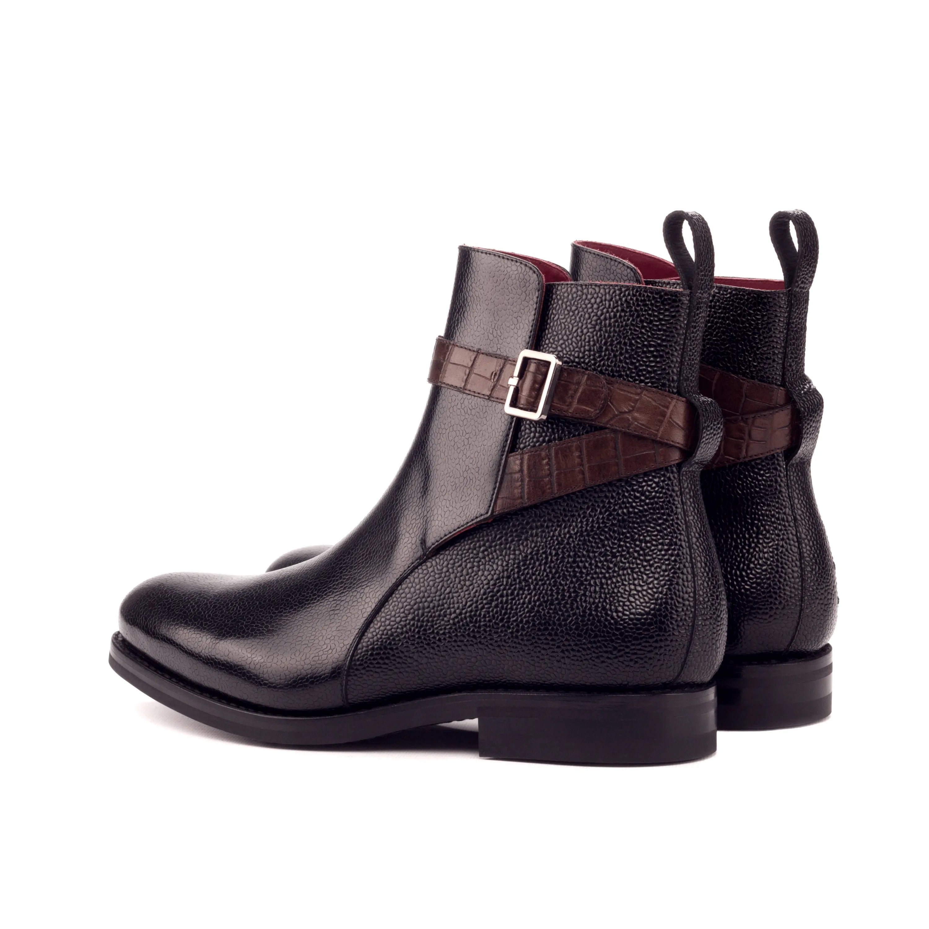 Anastasio Jodhpur Boots: black leather ankle boots with brown crocodile strap