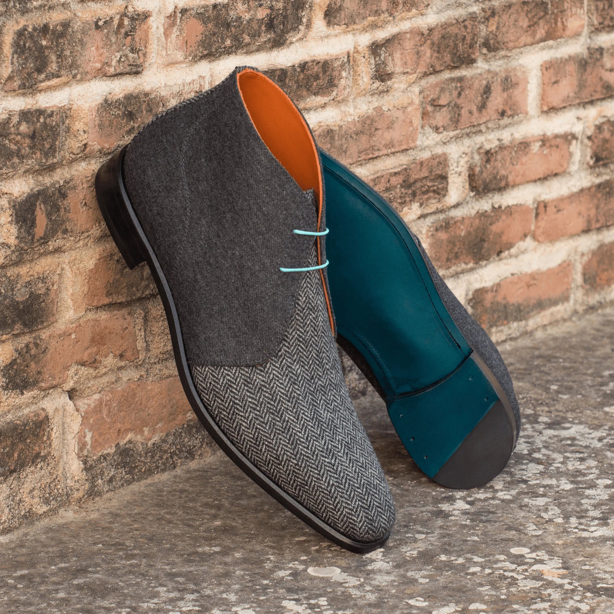 Anthelym chukka boots in gray herringbone wool