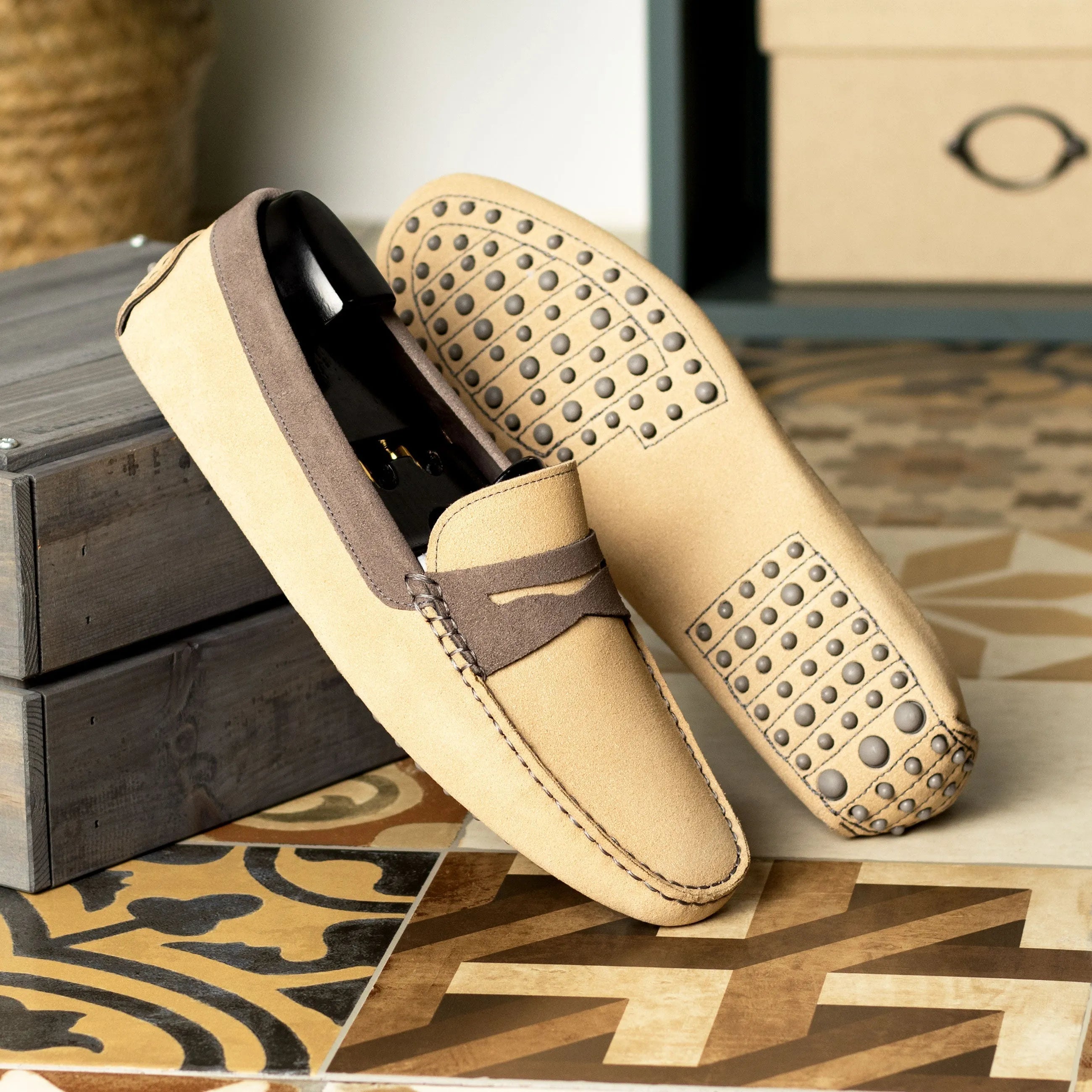 Anthony Driver beige leather driving loafers with hand-painted patina